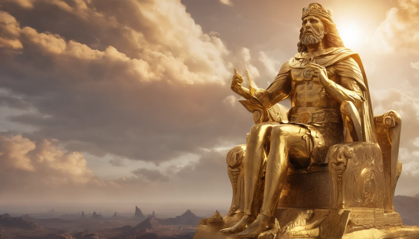 huge full body gold statue of a king of Babylon touching the clouds in the midst of Babylonian biblical times, highly detailed, concept art, soft sharp focus, dramatic lighting, highly detailed artwork, cinematic, 8k, amazing shadows (highly detailed background : 1.0 )8k (cinematic photorealistic: 1.3) (epic realistic, HDR, intricate detail, hyperdetailed, cinematic, ring light, muffled: 1.5) Detailed facial skin pores, (photorealistic, dramatic, sharp focus, 8k) Octane rendering, mid-day base