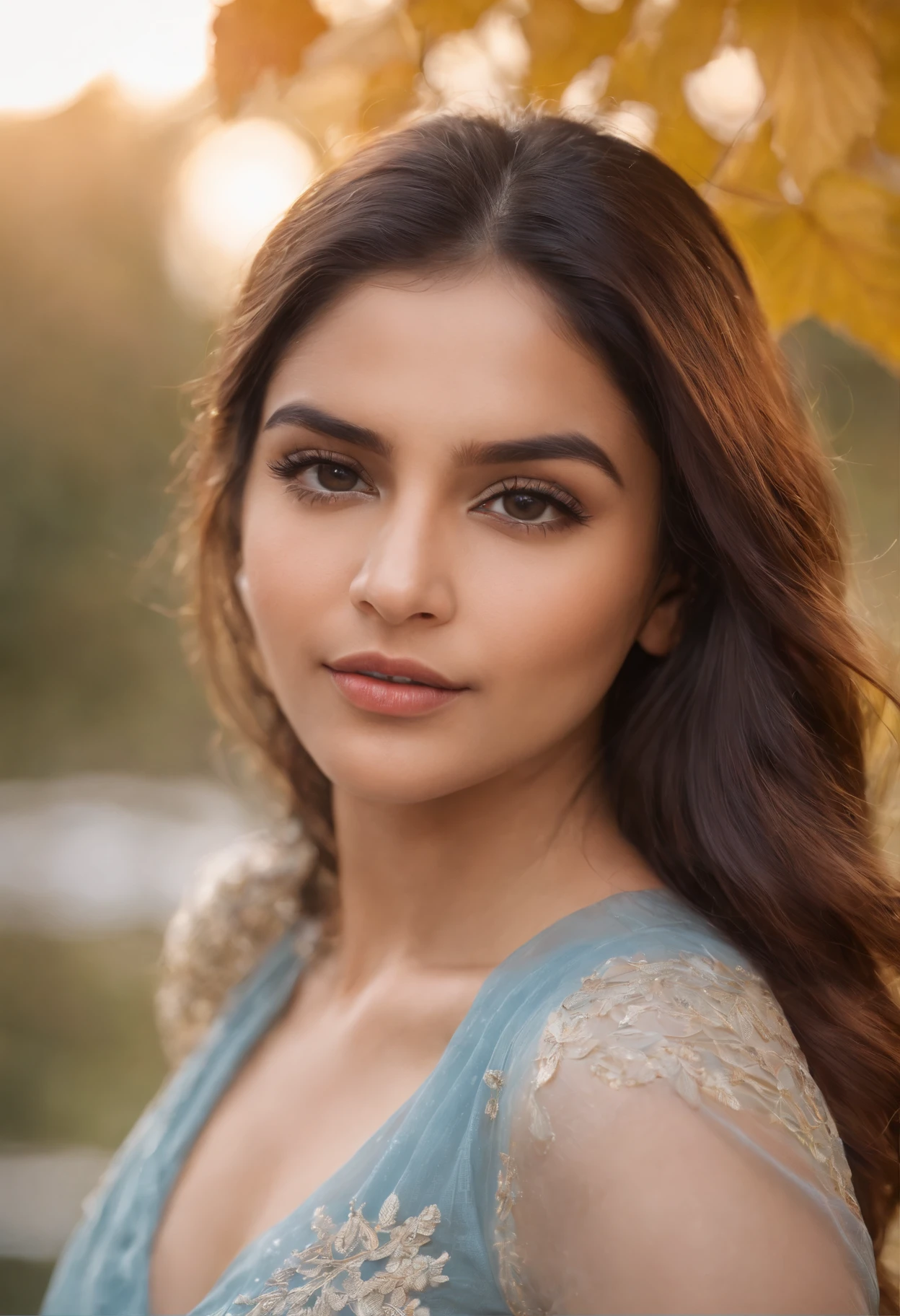 Closeup photo of Richa Soni, wearing blue tip, outside on a sunny autumn day, looking at viewer, lense flare, (realistic eyes, symmetric face:0.8) (masterpiece:1.2) (photorealistic:1.2) (bokeh) (best quality) (detailed skin) (intricate) (8k) (HDR) (cinematic lighting) (sharp focus), big breast, big natural lips, dark red lips, sparkling day dreams eyes., 27 yo female richa soni