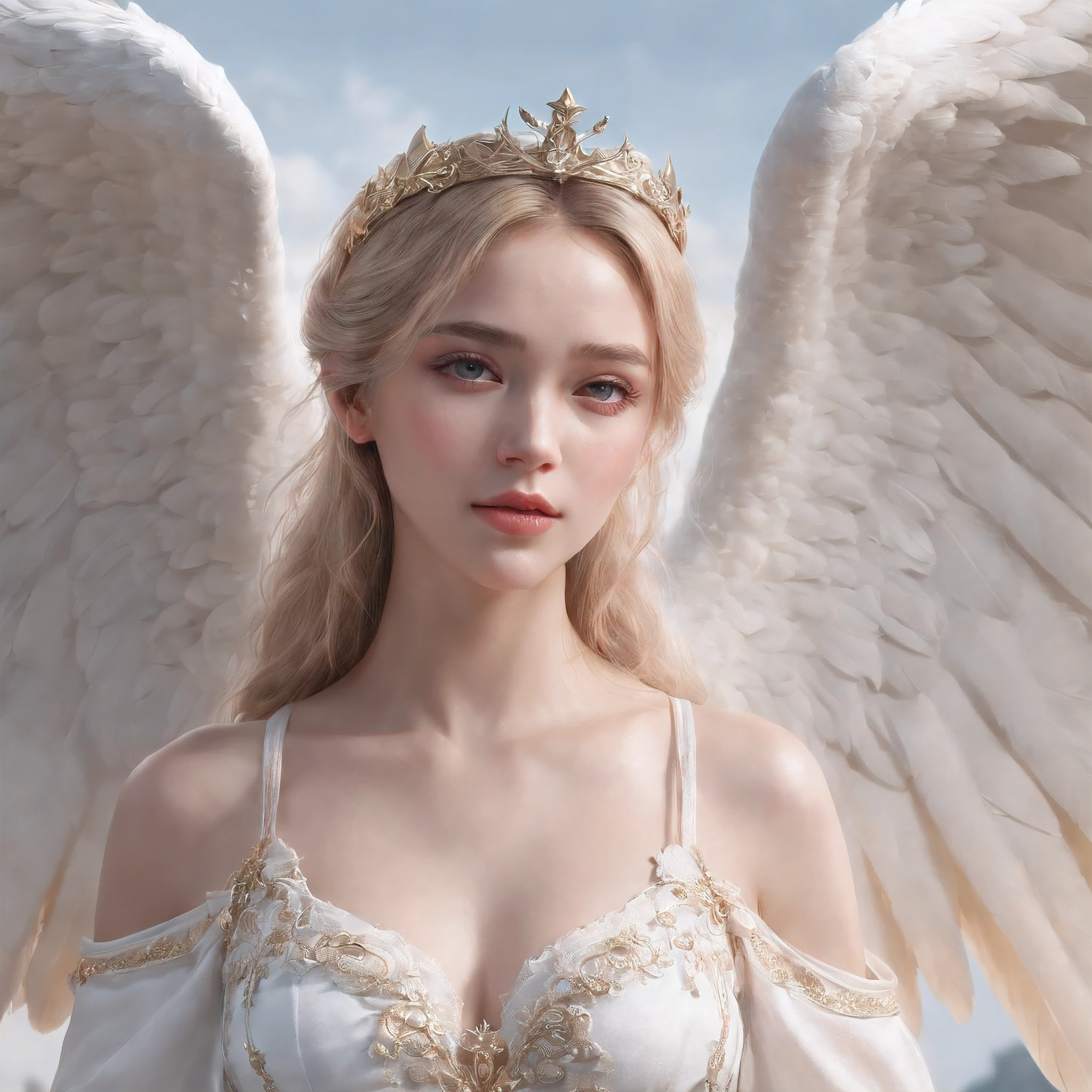 masterpiece, best quality, realistic, 8k, Wearing a crown on the head、Young and Beautiful、Flying in the sky、Breasts are big and sexy、blond hair, blue eyes, At Fed Necklace with Wings, wearing white elegant dress, angelic wings on her back, Beautiful Angel, full - body majestic angel, a beautiful female angel, anime goddess, of beautiful angel, guweiz, by Yang J, young wan angel, Angel Girl, of an beautiful angel girl, guweiz masterpiece, angel knight girl, Trending on CGSTATION、her face is european young girl,
