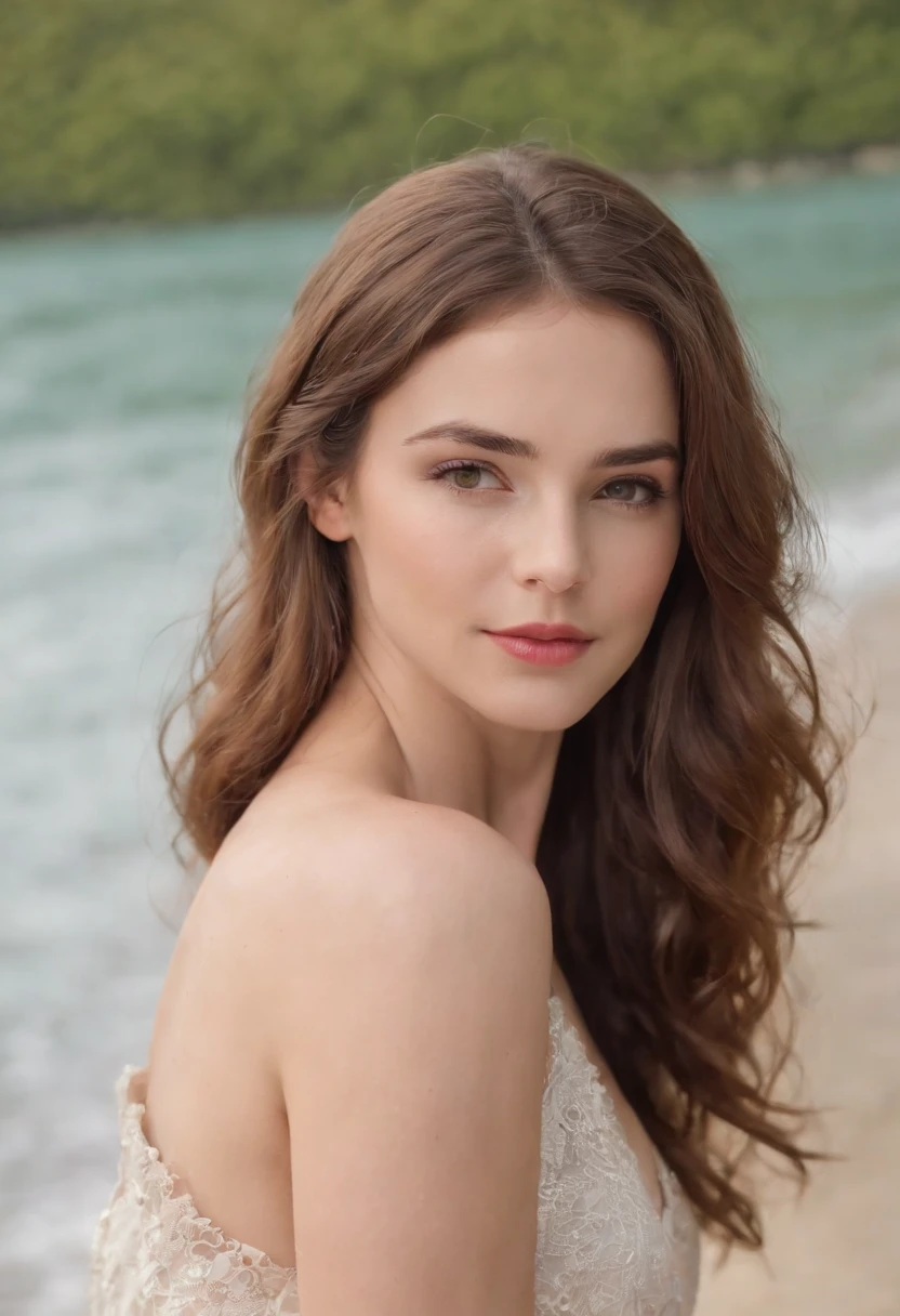 brown hair, olhos verdes, casca de trigo, magro, mas de corpo inteiro, de face oval, Lying heart, pequeno e de nariz achatado, sobrancelhas curvas, quadris redondos e largos, 1 sorridente; super delicado , ((best quality, 8k, master part)); ((Foto RAW)); (cheast grande e ereto), (Realistic, circunstanciado); Seaside background, vestido longo vermelho, imagem de corpo inteiro,