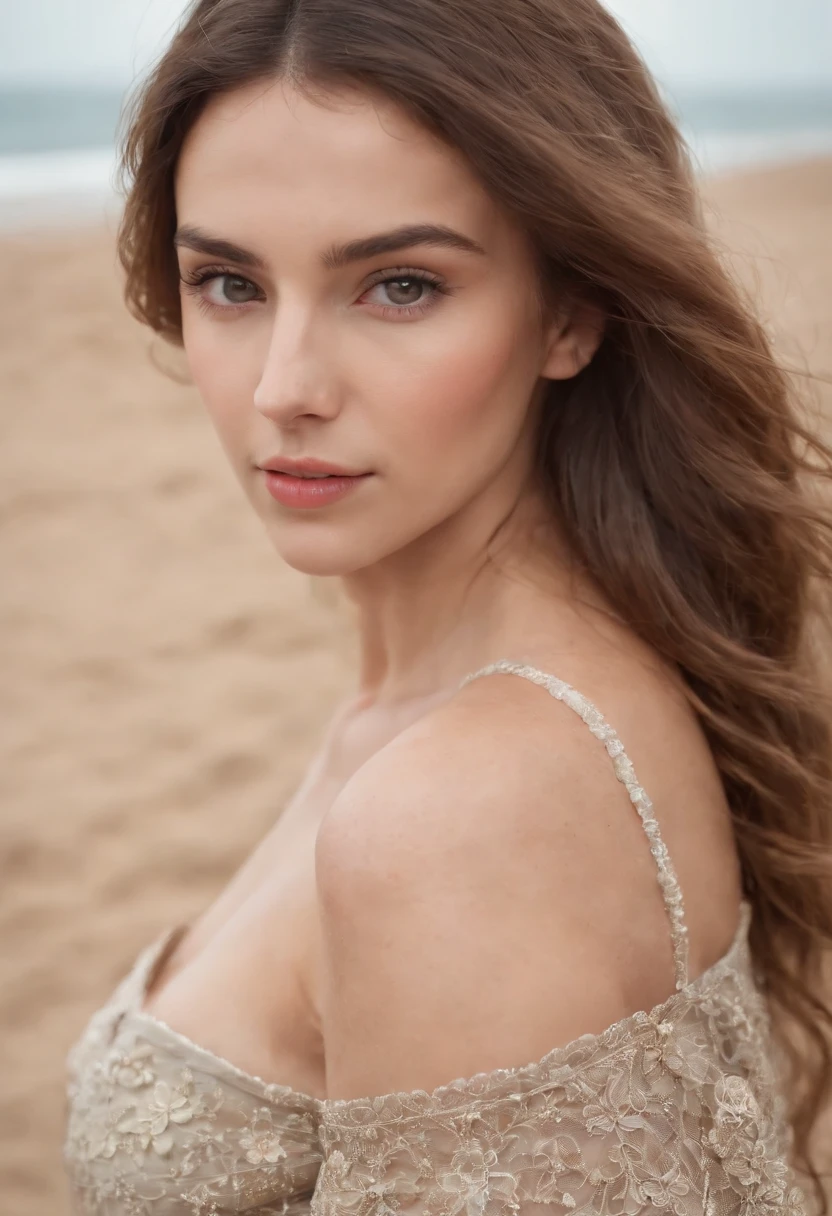 brown hair, olhos verdes, casca de trigo, magro, mas de corpo inteiro, de face oval, Lying heart, pequeno e de nariz achatado, sobrancelhas curvas, quadris redondos e largos, 1 menina sorridente; super delicado , ((best quality, 8k, master part)); ((Foto RAW)); (cheast grande e ereto), (Realistic, circunstanciado); Seaside background, vestido longo vermelho, imagem de corpo inteiro,