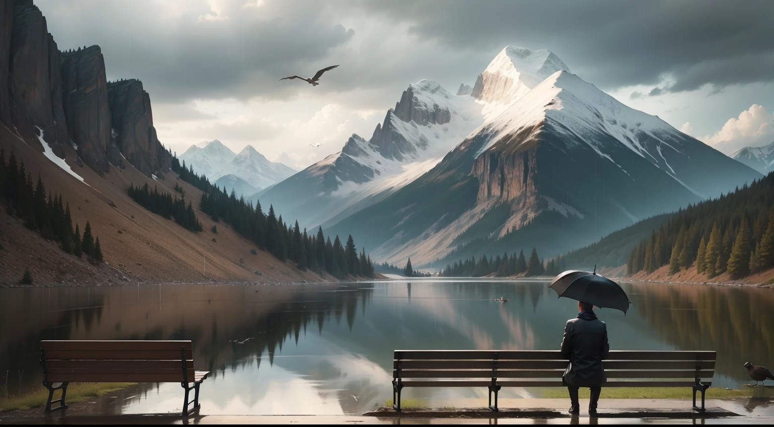 A rainy weather, a man, beer,a bench, , mountain in the front , river, birds, a dog, a guitar