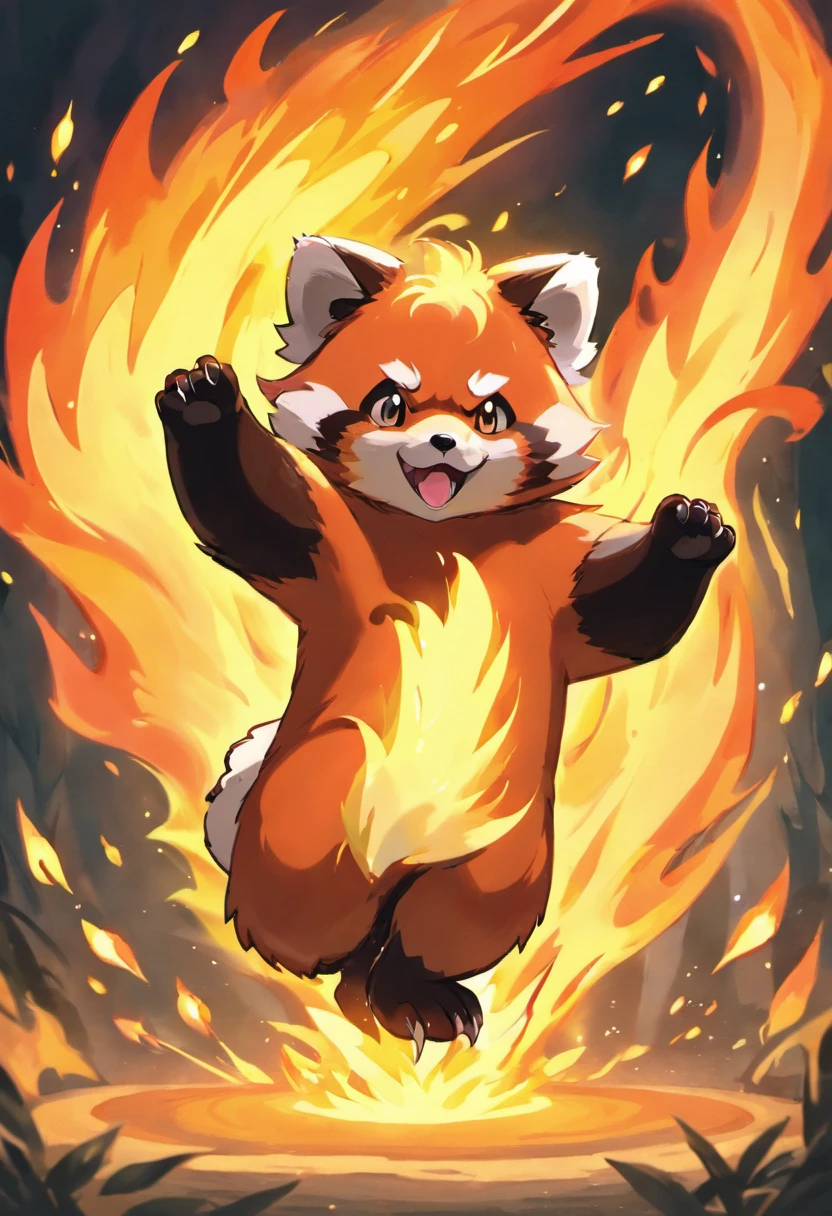 red panda,pokemon,fire powers,flames,burning fur,golden flames,bright red fur,sharp claws,long tail,fire tail,ferocious look,energetic pose,fiery eyes,fierce expression,powerful stance,agile movements,forest background,dappled sunlight,smoke and embers,towering flames,inferno,fire effects,intense heat,dramatic lighting,combustion,blazing inferno,sparkling embers,vivid colors,aesthetic painting style,high saturation,warm color palette,glowing reds,dynamic composition,expressive brush strokes,detailed fur texture,meticulous detailing,realistic rendering,authentic fur patterns,high resolution,photo-realistic,eye-catching artwork,extraordinary abilities,strong emphasis on fire element,legendary creature,vibrant energy,passionate flames,awe-inspiring power,awe-inspiring presence
