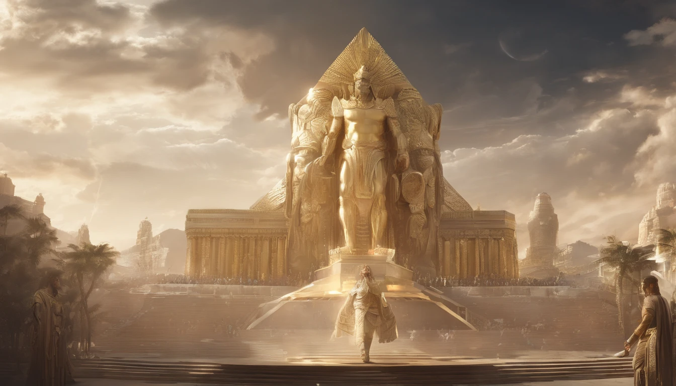 huge standing full body gold statue of king nebuchadnezzar of lon touching the clouds in the middle of bible times of babyhighly detailed concept art soft sharp focus dramatic lighting highly detailed art cinematic 8k amazing shadows (background) highly detailed: 1.0 )8k (cinematic photorealistic: 1.3) (epic realistic, HDR, intricate detail, hyperdetailed, cinematic, ring light, muffled: 1.5) Detailed facial skin pores, (photorealistic, dramatic, focus sharp, 8k) Octane rendering, mid-day base