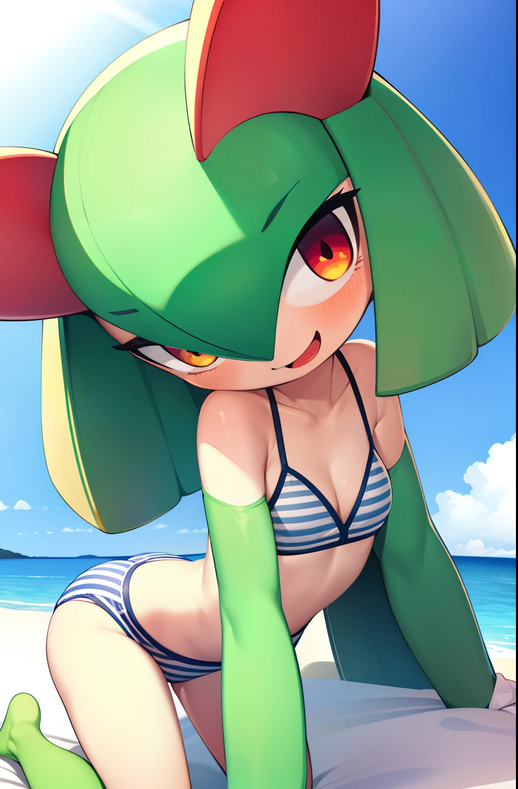 obra maestra, mejor calidad, 1 girl in, solo, kirlia, cabello azul, shiny kirlia, ojos rojos, en un yate, riendo, bikini, bikini de dos piezas, senos grandes, senos femeninos grandes y redondos, (((embarazada))), bikini rojo.