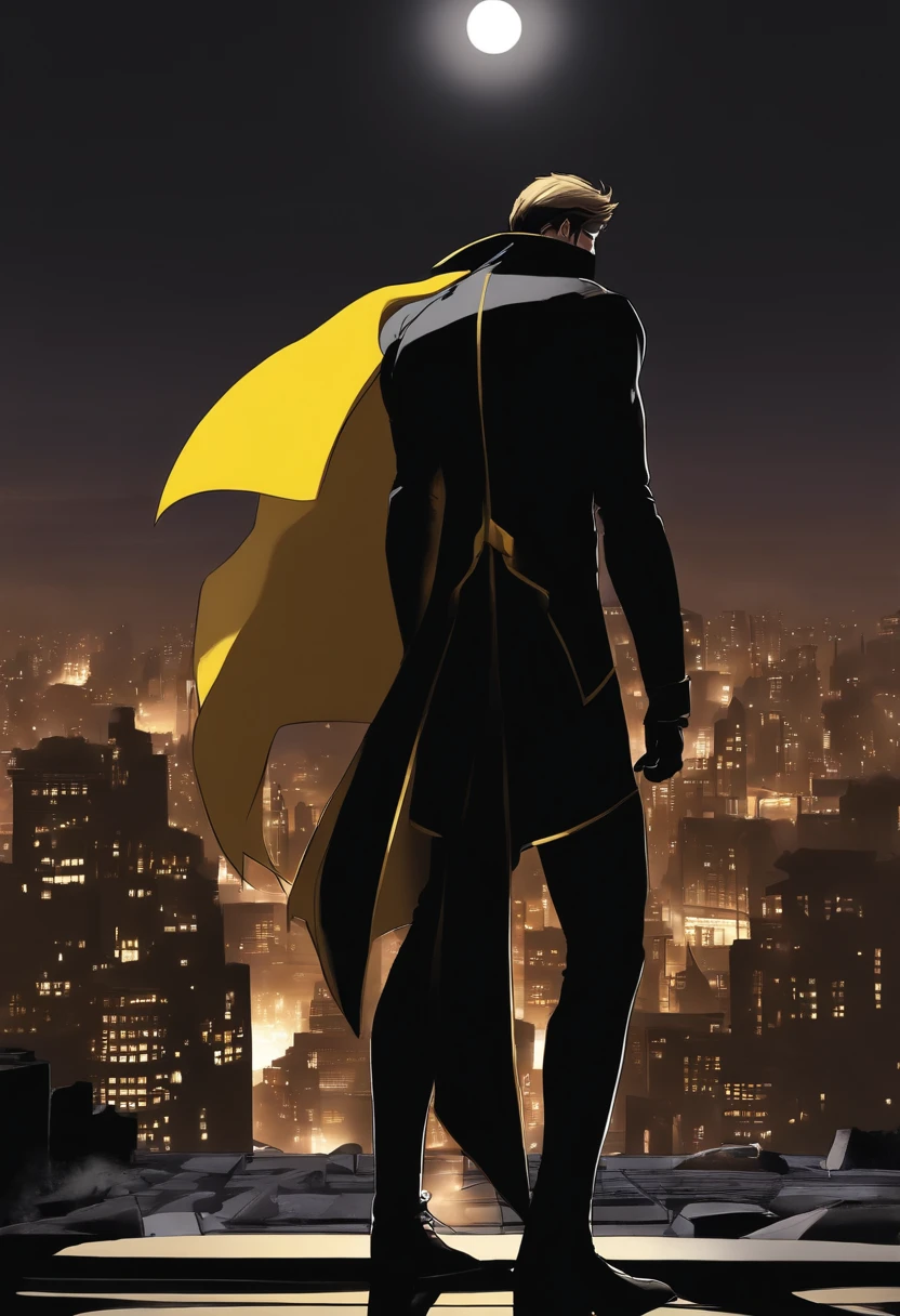um adolescente de 15 anos com cabelos azuis e olhos negros, wears a black superhero outfit resembling a spy uniform with a tattered yellow cape, An aura of shadows appears behind him, He's with his back to a building and is watching a city in ruins, anime, capa de novela