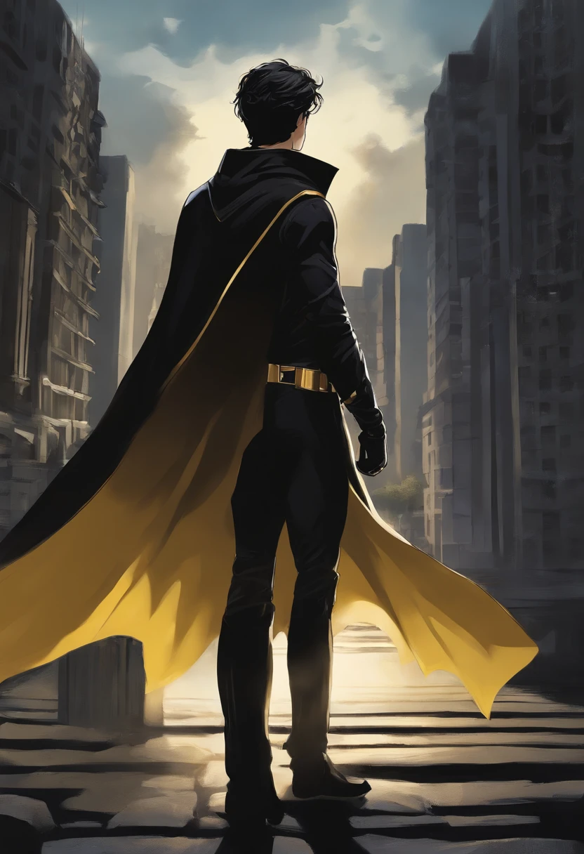 um adolescente de anos com cabelos azuis e olhos negros, wears a black superhero outfit resembling a spy uniform with a tattered yellow cape, An aura of shadows appears behind him, He's with his back to a building and is watching a city in ruins, anime, capa de novela