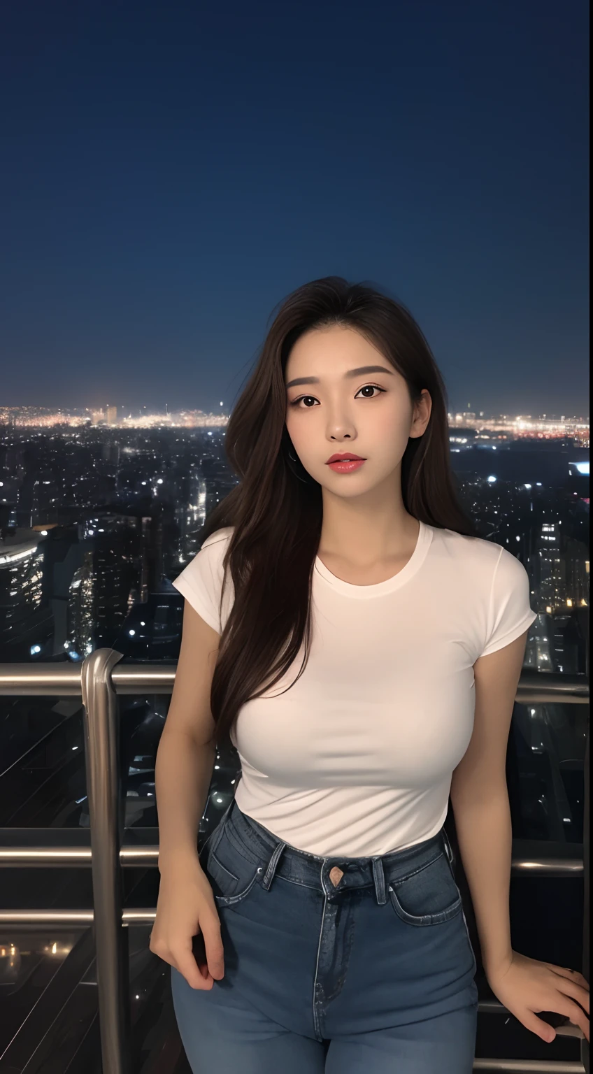 ((Midnight, Best quality, 8k, Masterpiece :1.3)), Whole body, Long legs, Sharp focus :1.2, A pretty woman with perfect figure :1.4, Slender abs :1.1, ((Dark brown hair, Big breasts :1.2)), (White tight tshirt, Jean bib, Standing:1.2), ((Night city view, Rooftop:1.3)), Highly detailed face and skin texture, Detailed eyes, Double eyelid