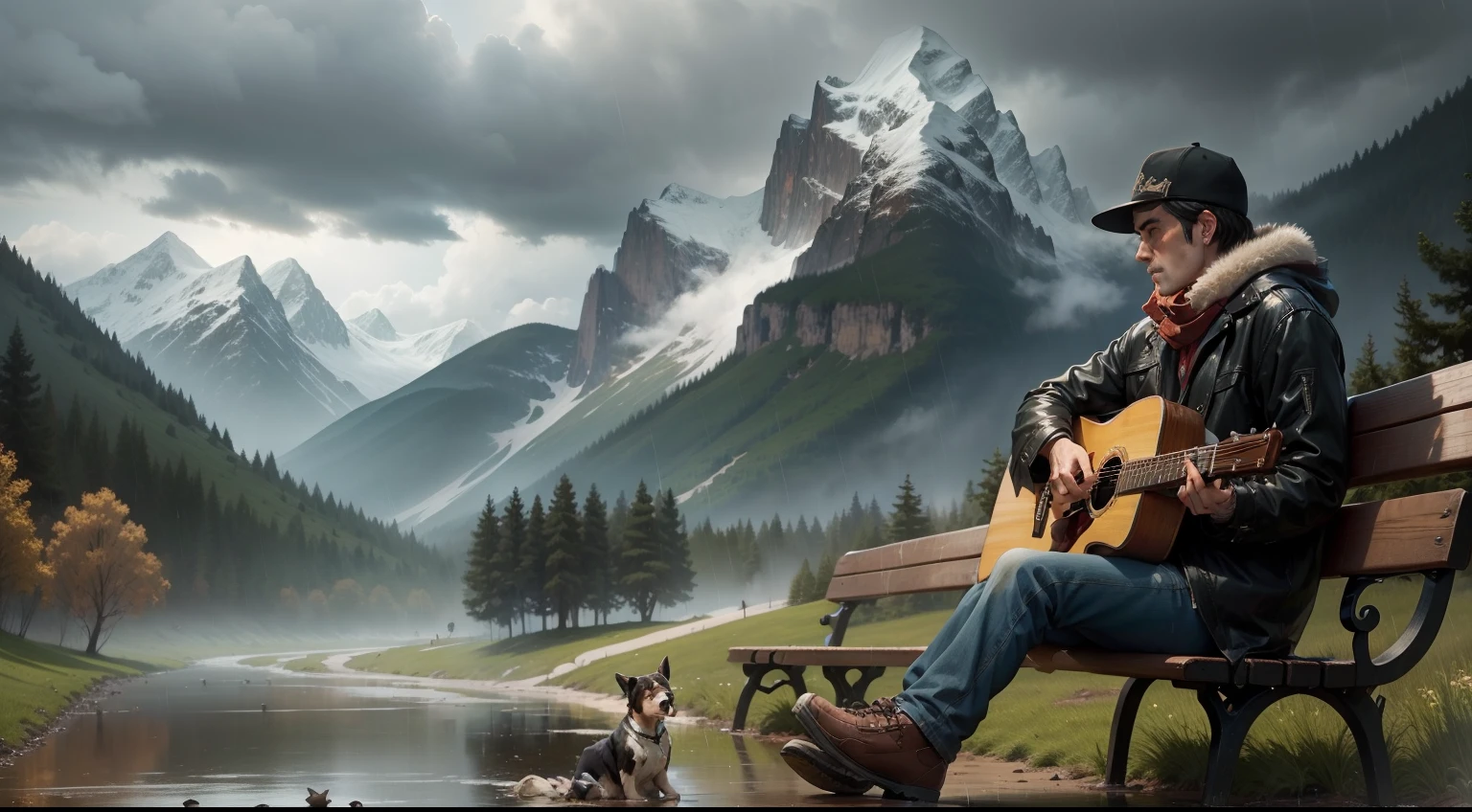 A rainy weather, a lonely man, beer,a bench, , mountain in the front , river, birds, a dog, a guitar