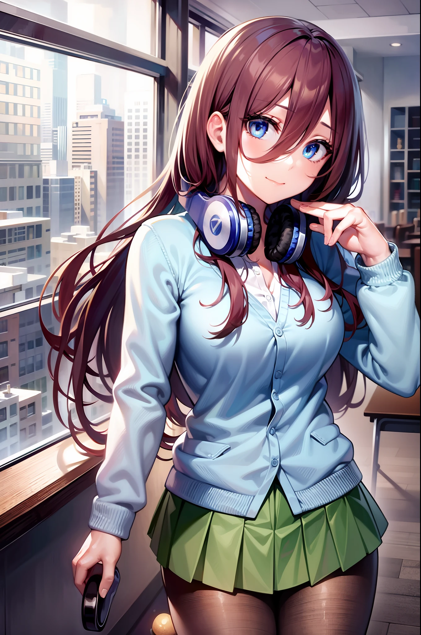 mikunakano, miku nakano, long hair, bangs, blue eyes, brown hair, shirt, hair between eyes, headphones, cardigan, headphones around neck,
BREAK skirt, shirt, long sleeves, white shirt, pantyhose, pleated skirt, black pantyhose, cardigan, green skirt, blue cardigan,
BREAK indoors, classroom,
BREAK looking at viewer, BREAK (masterpiece:1.2), best quality, high resolution, unity 8k wallpaper, (illustration:0.8), (beautiful detailed eyes:1.6), extremely detailed face, perfect lighting, extremely detailed CG, (perfect hands, perfect anatomy),