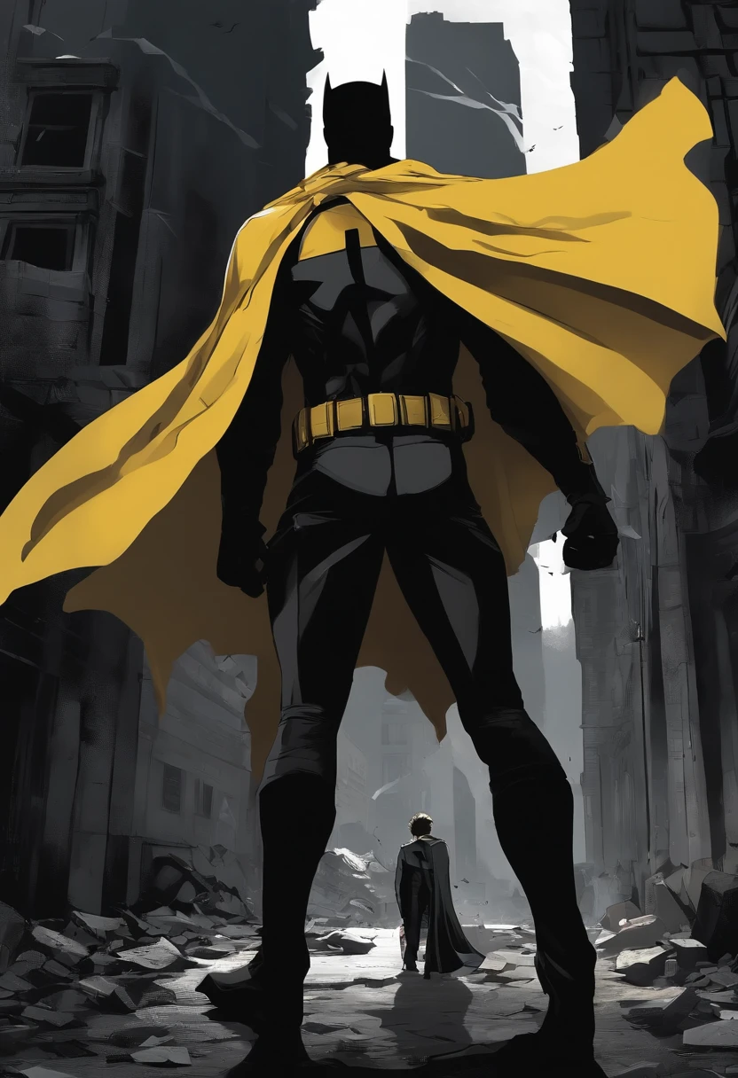 um adolescente de 15 anos com cabelos azuis e olhos negros, wears a black superhero outfit resembling a spy uniform with a tattered yellow cape, An aura of shadows appears behind him, He's with his back to a building and is watching a city in ruins, anime, Nova camada