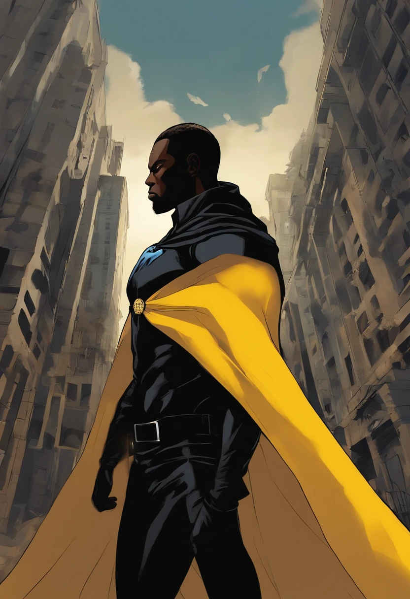 um adolescente de anos com cabelos azuis e olhos negros, wears a black superhero outfit resembling a spy uniform with a tattered yellow cape, An aura of shadows appears behind him, He's with his back to a building and is watching a city in ruins, anime, Nova camada