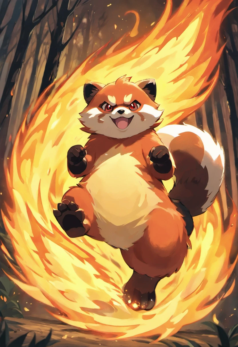red panda,pokemon,fire powers,flames,burning fur,golden flames,bright red fur,sharp claws,long tail,fire tail,ferocious look,energetic pose,fiery eyes,fierce expression,powerful stance,agile movements,forest background,dappled sunlight,smoke and embers,towering flames,inferno,fire effects,intense heat,dramatic lighting,combustion,blazing inferno,sparkling embers,vivid colors,aesthetic painting style,high saturation,warm color palette,glowing reds,dynamic composition,expressive brush strokes,detailed fur texture,meticulous detailing,realistic rendering,authentic fur patterns,high resolution,photo-realistic,eye-catching artwork,extraordinary abilities,strong emphasis on fire element,legendary creature,vibrant energy,passionate flames,awe-inspiring power,awe-inspiring presence
