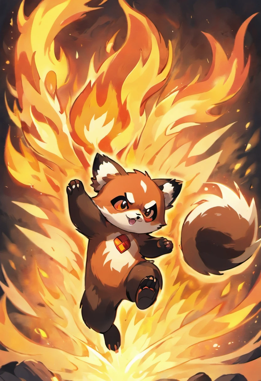 red panda,pokemon,fire powers,flames,burning fur,golden flames,bright red fur,sharp claws,long tail,fire tail,ferocious look,energetic pose,fiery eyes,fierce expression,powerful stance,agile movements,forest background,dappled sunlight,smoke and embers,towering flames,inferno,fire effects,intense heat,dramatic lighting,combustion,blazing inferno,sparkling embers,vivid colors,aesthetic painting style,high saturation,warm color palette,glowing reds,dynamic composition,expressive brush strokes,detailed fur texture,meticulous detailing,realistic rendering,authentic fur patterns,high resolution,photo-realistic,eye-catching artwork,extraordinary abilities,strong emphasis on fire element,legendary creature,vibrant energy,passionate flames,awe-inspiring power,awe-inspiring presence