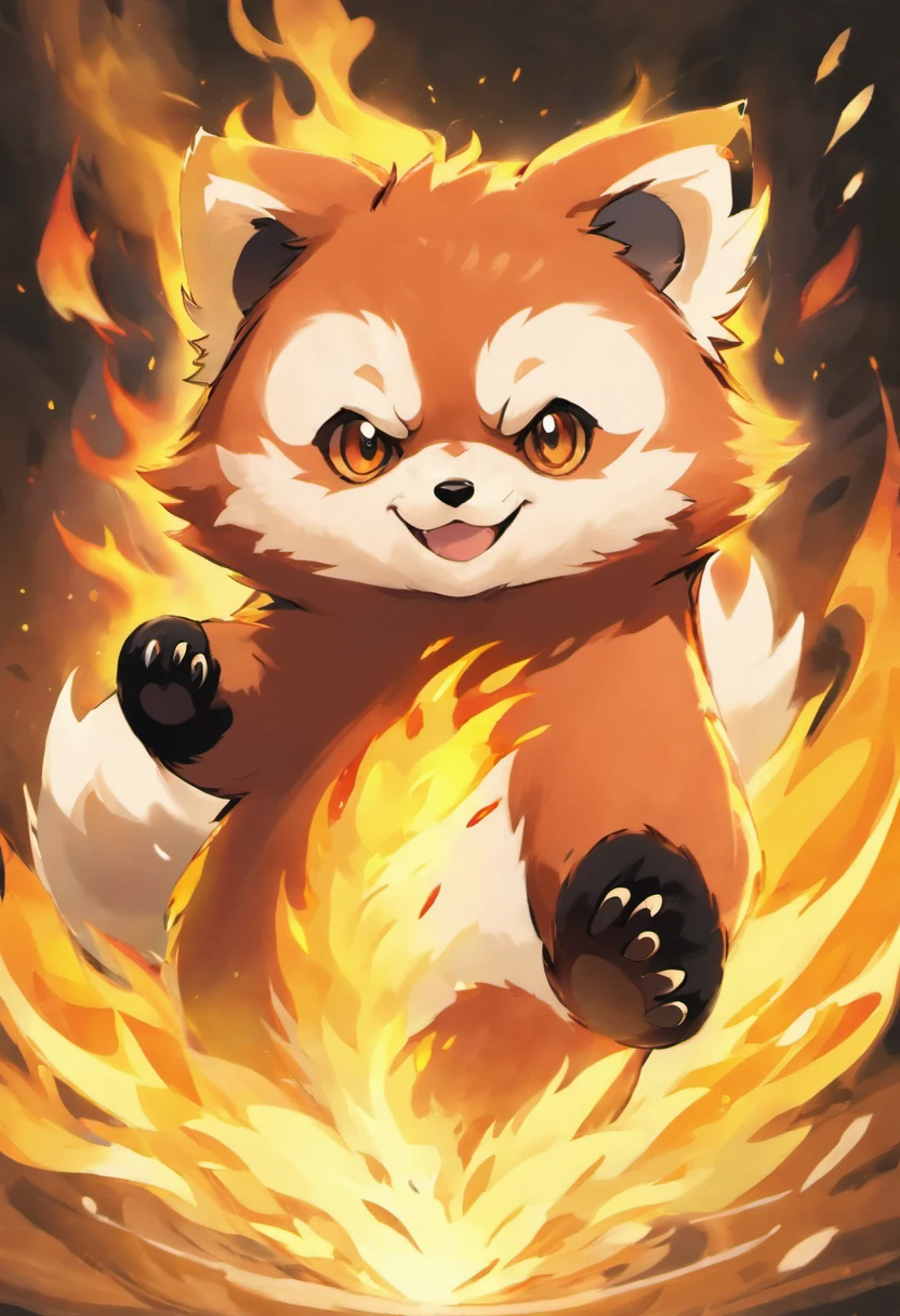 red panda,pokemon,fire powers,flames,burning fur,golden flames,bright red fur,sharp claws,long tail,fire tail,ferocious look,energetic pose,fiery eyes,fierce expression,powerful stance,agile movements,forest background,dappled sunlight,smoke and embers,towering flames,inferno,fire effects,intense heat,dramatic lighting,combustion,blazing inferno,sparkling embers,vivid colors,aesthetic painting style,high saturation,warm color palette,glowing reds,dynamic composition,expressive brush strokes,detailed fur texture,meticulous detailing,realistic rendering,authentic fur patterns,high resolution,photo-realistic,eye-catching artwork,extraordinary abilities,strong emphasis on fire element,legendary creature,vibrant energy,passionate flames,awe-inspiring power,awe-inspiring presence