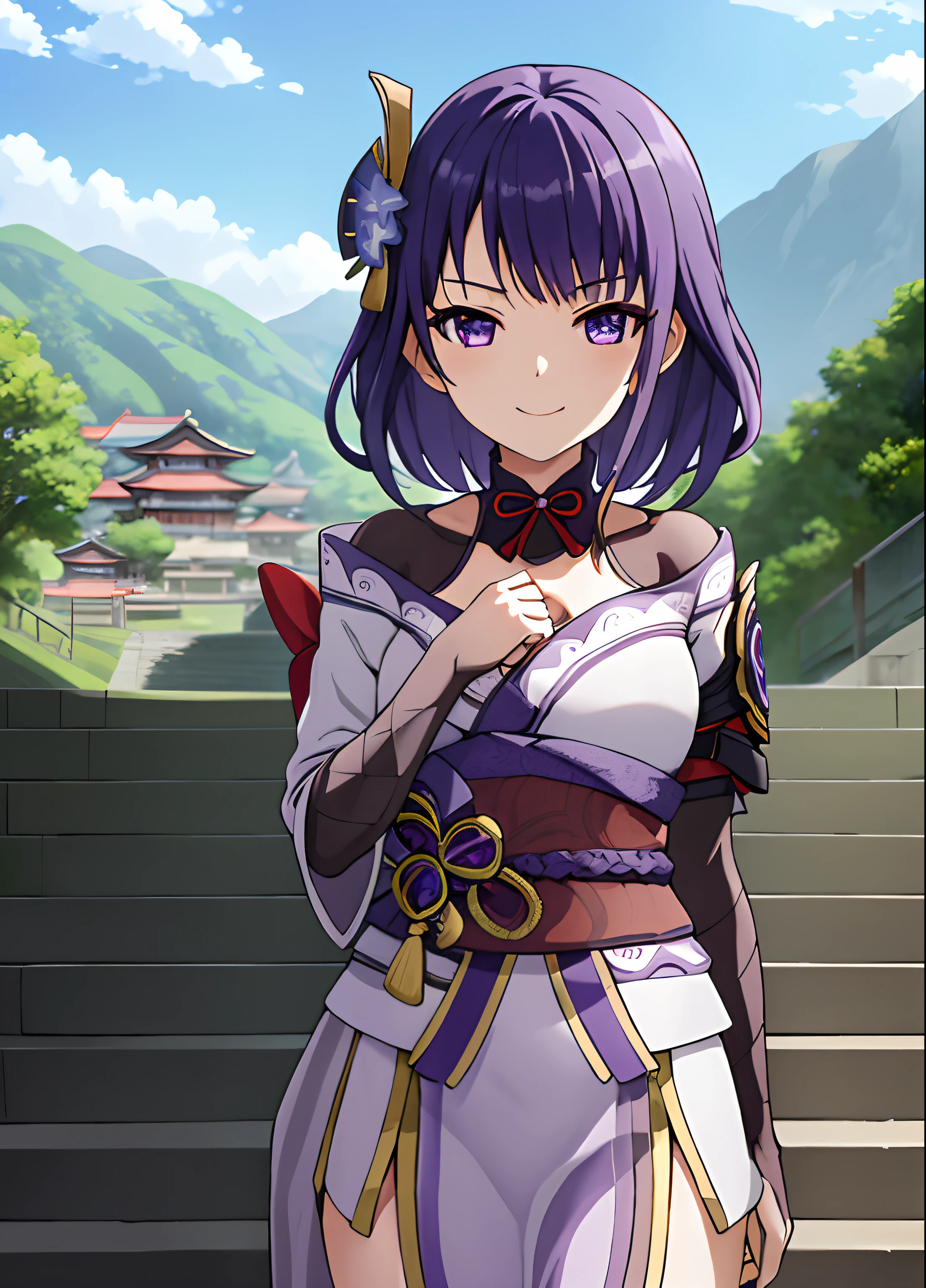 raidenshogundef, upper body, smile, blush, outdoors, day, simple background, blue sky, short hair, sky, temple, looking at viewer, stairs, mountain, moody lighting, facing viewer,