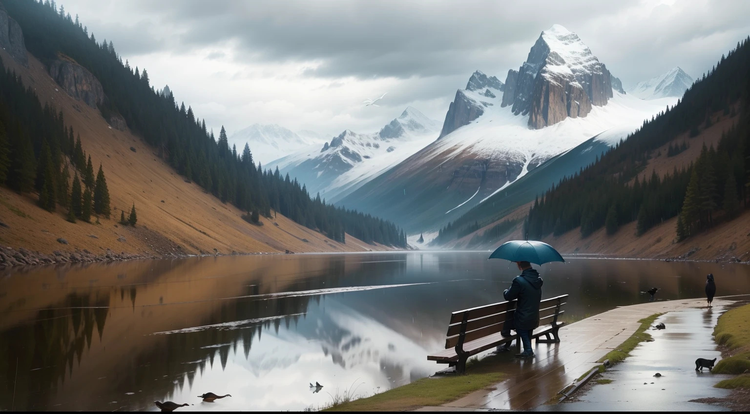 A rainy weather, a lonely man, beer,a bench,  , mountain in the front , river, birds, a dog, a guitar