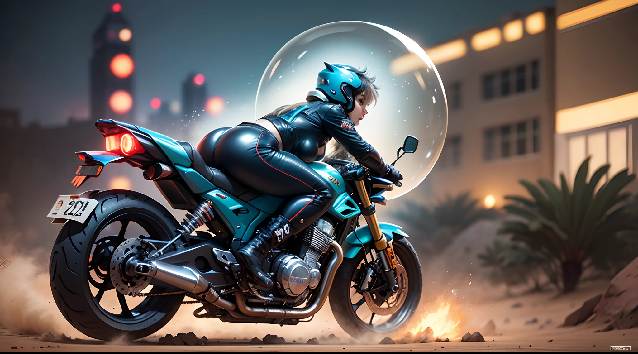FROM behind, a bubble but, big breasted stormy daniels-cyborg , riding on a concept akira motorcycle with fat wheels,  through a dystopian desert village, WARPSPEED LIGHT BLUR TRAILS, art by blade runner movie filmography, blue hour , action photography, film still. --auto --s2
