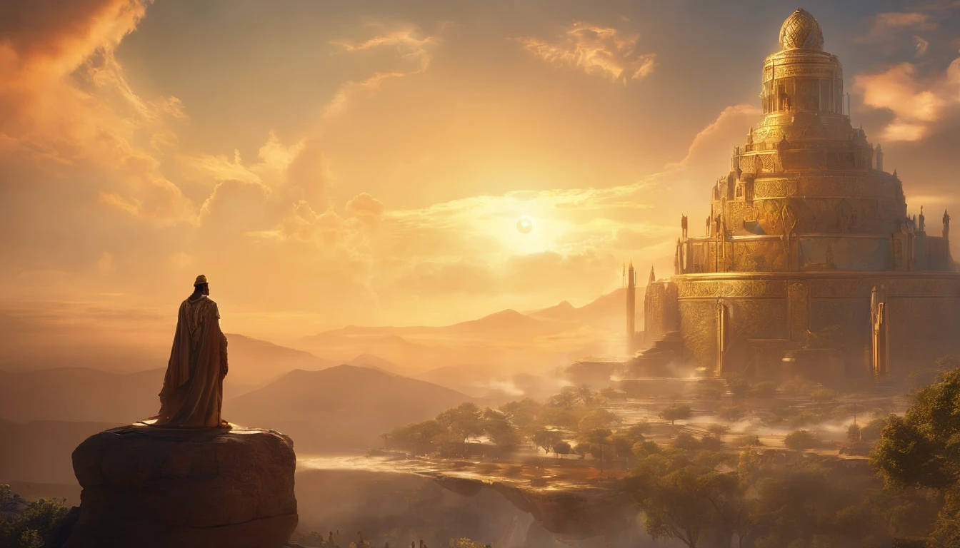 huge standing full body gold statue of king nebuchadnezzar of babylon touching the clouds in the middle of bible times of babylon highly detailed concept art soft sharp focus dramatic lighting highly detailed art cinematic 8k amazing shadows (background) highly detailed: 1.0 )8k (cinematic photorealistic: 1.3) (epic realistic, HDR, intricate detail, hyperdetailed, cinematic, ring light, muffled: 1.5) Detailed facial skin pores, (photorealistic, dramatic, focus sharp, 8k) Octane rendering, mid-day base