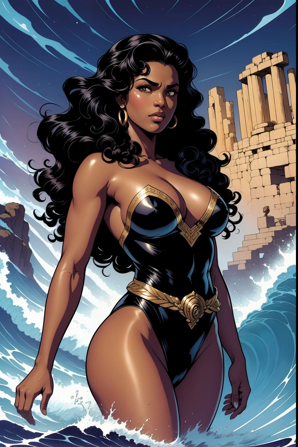 (NSFW)Bêlit, a Rainha da Costa Negra ,Uma mulher shemita, sua pele branca como o luar,rica cabeleira negra, As dark as a stygian night, it fell in shiny wavy curls over her soft back,olhos negros, esbelta, mas parecida com uma deusa,at the same time malleable and voluptuous,The only outfit he wore was a wide sash, de seda. Seus membros brancos como o marfim, e as esferas alvas de seus seios, rica cabeleira negra, As dark as a stygian night, it fell in shiny wavy curls over her soft back,olhos negros,cenario principal o conves do navio pirata Tigresa(cena detalhada,cinematografica,natural  lightting)arte inspirada Mark Schultz.