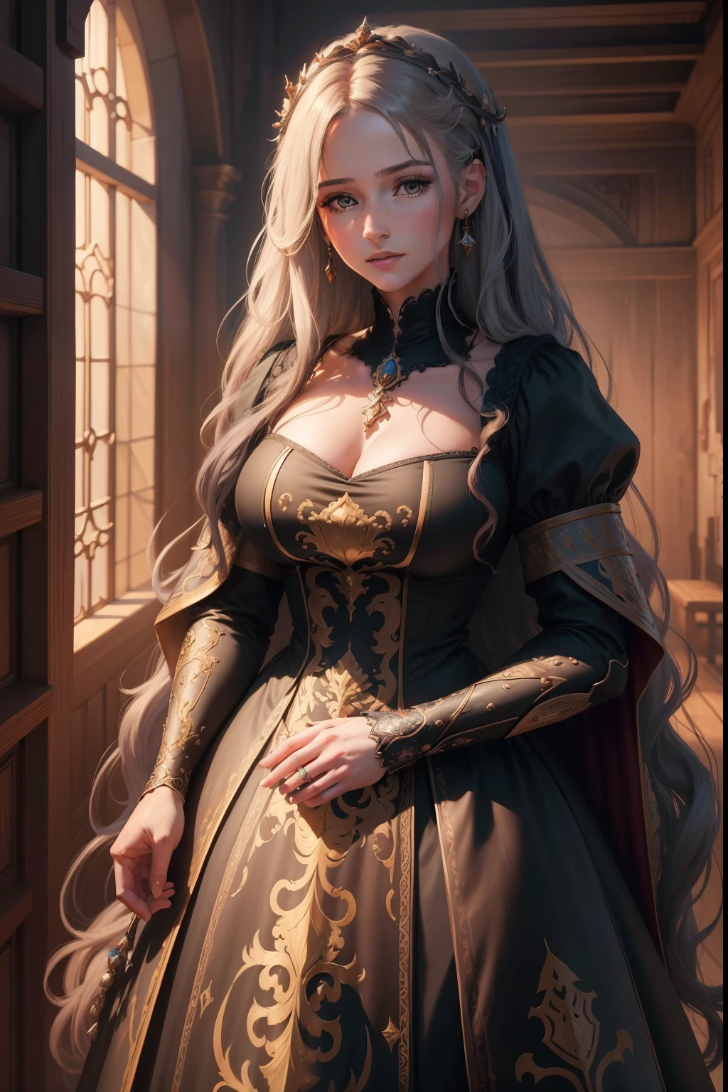 (best quality,4k,8k,highres,masterpiece:1.2),ultra-detailed,detailed hair,medieval style,long dress,woman with detailed hair,woman in medieval style,long dress,fantasy,portrait,medieval-inspired art,vibrant colors,soft lighting