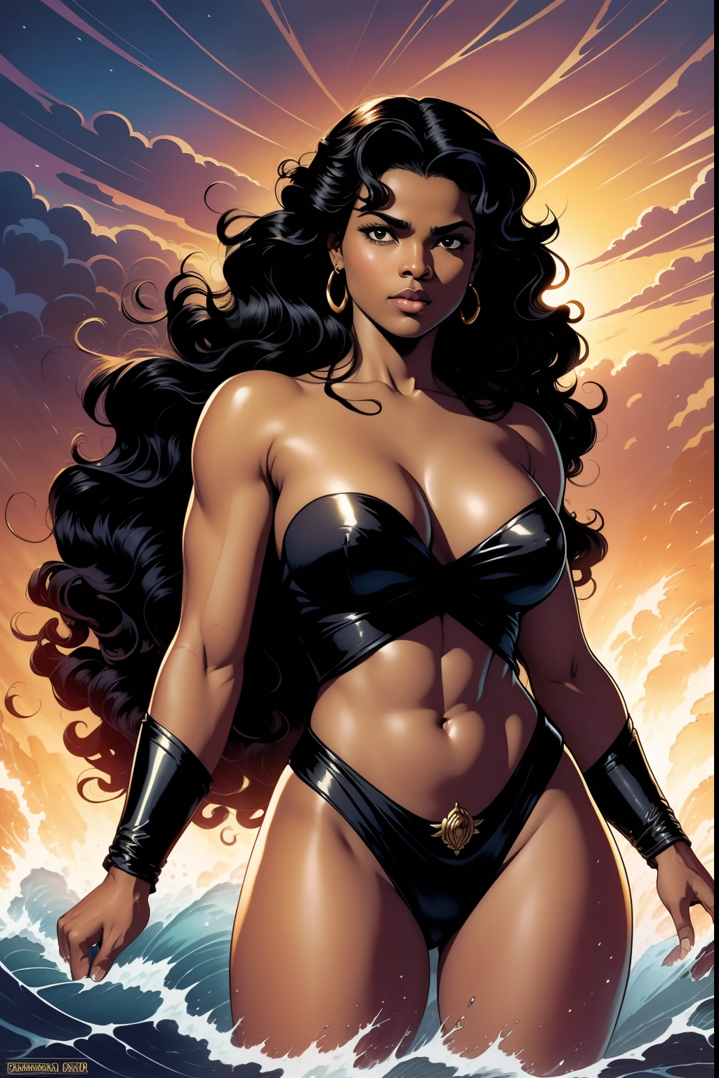 (NSFW)Bêlit, a Rainha da Costa Negra ,Uma mulher shemita, sua pele branca como o luar,rica cabeleira negra, As dark as a stygian night, it fell in shiny wavy curls over her soft back,olhos negros, esbelta, mas parecida com uma deusa,at the same time malleable and voluptuous,The only outfit he wore was a wide sash, de seda. Seus membros brancos como o marfim, e as esferas alvas de seus seios, rica cabeleira negra, As dark as a stygian night, it fell in shiny wavy curls over her soft back,olhos negros,cenario principal o conves do navio pirata Tigresa(cena detalhada,cinematografica,natural  lightting)arte inspirada Mark Schultz.