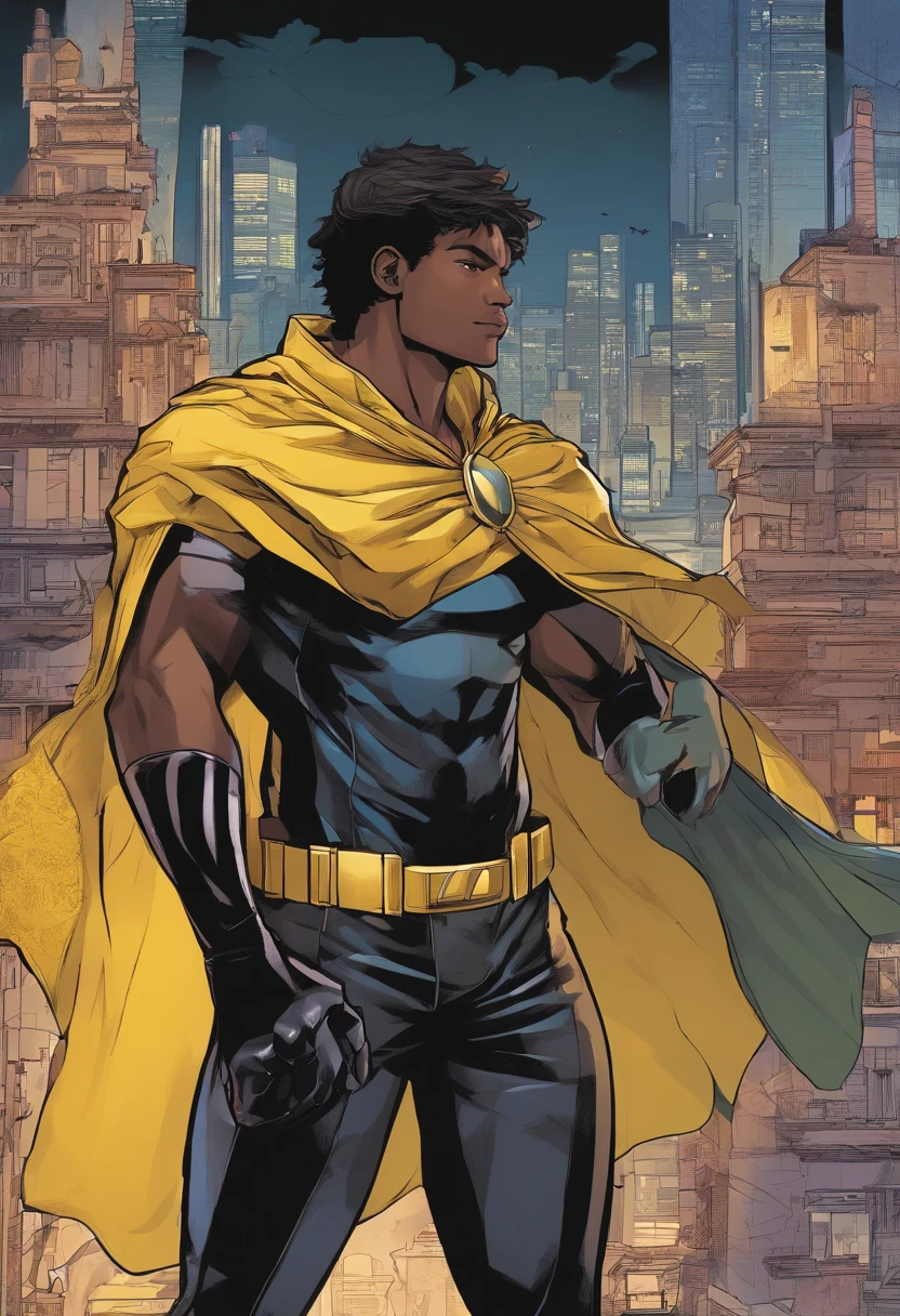 um adolescente de 15 anos com cabelos azuis e olhos negros, wears a black superhero outfit resembling a spy uniform with a tattered yellow cape, An aura of shadows appears behind him, He's with his back to a building and is watching a city in ruins, anime, Nova camada