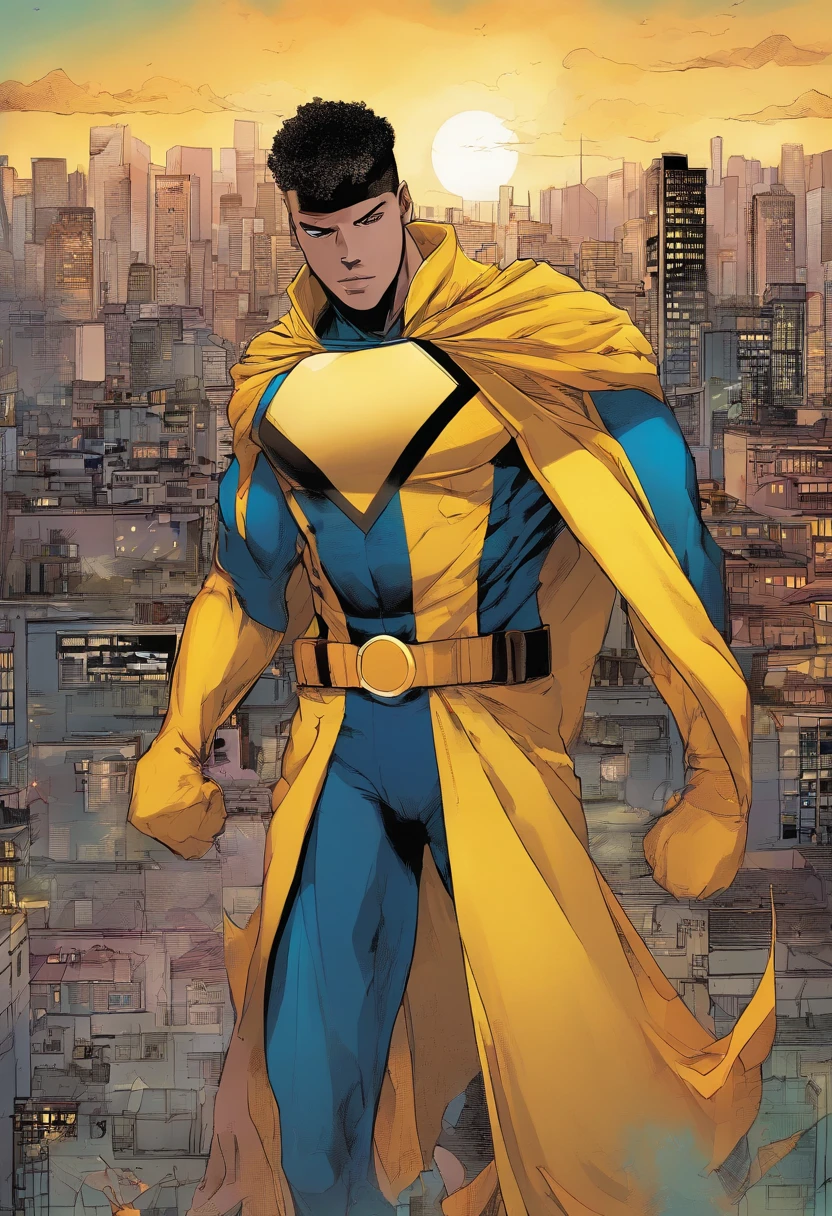 um adolescente de 15 anos com cabelos azuis e olhos negros, wears a black superhero outfit resembling a spy uniform with a tattered yellow cape, An aura of shadows appears behind him, He's with his back to a building and is watching a city in ruins, anime, Nova camada