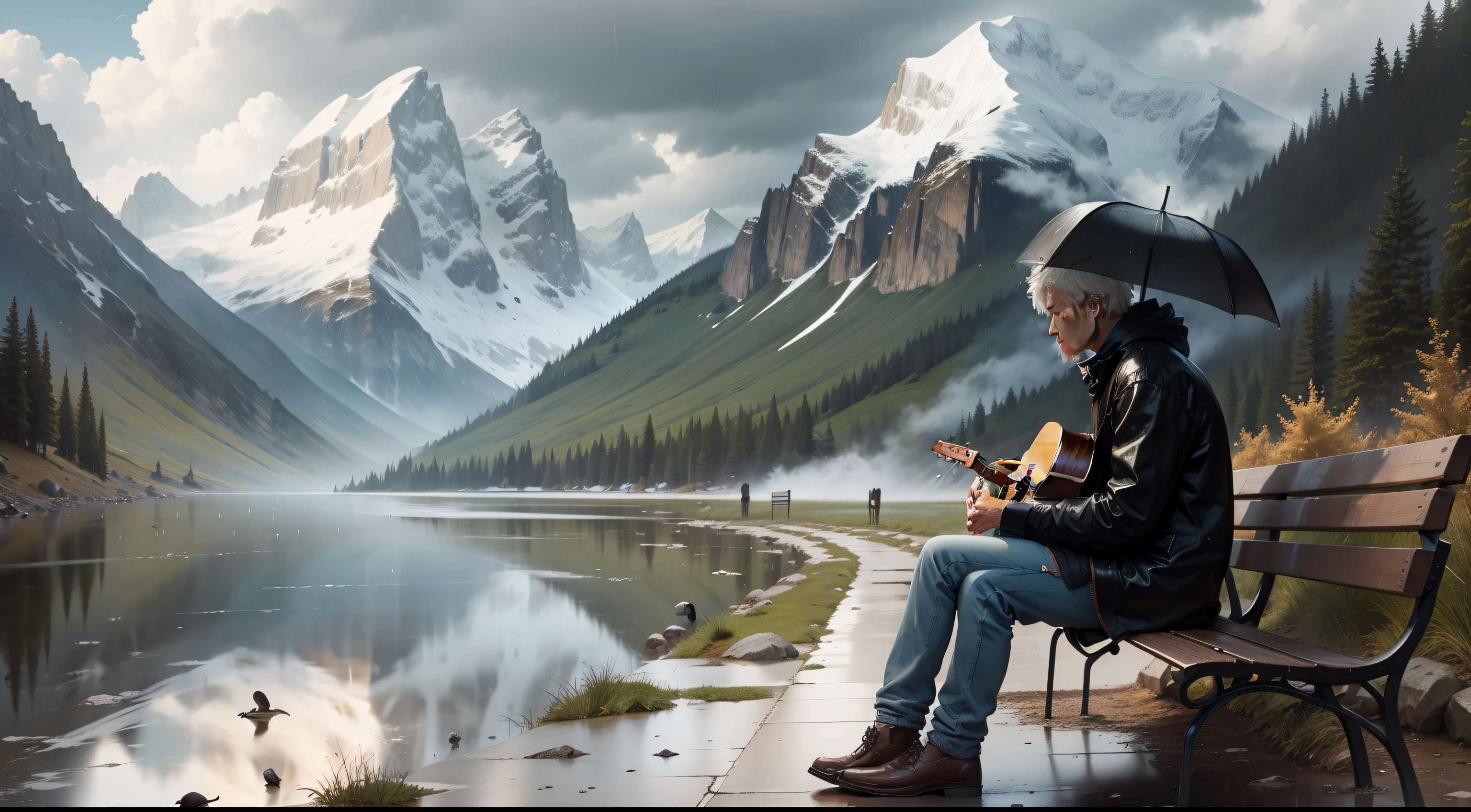 A rainy weather, a lonely man, beer,a bench,  , mountain in the front , river, birds, a dog, a guitar