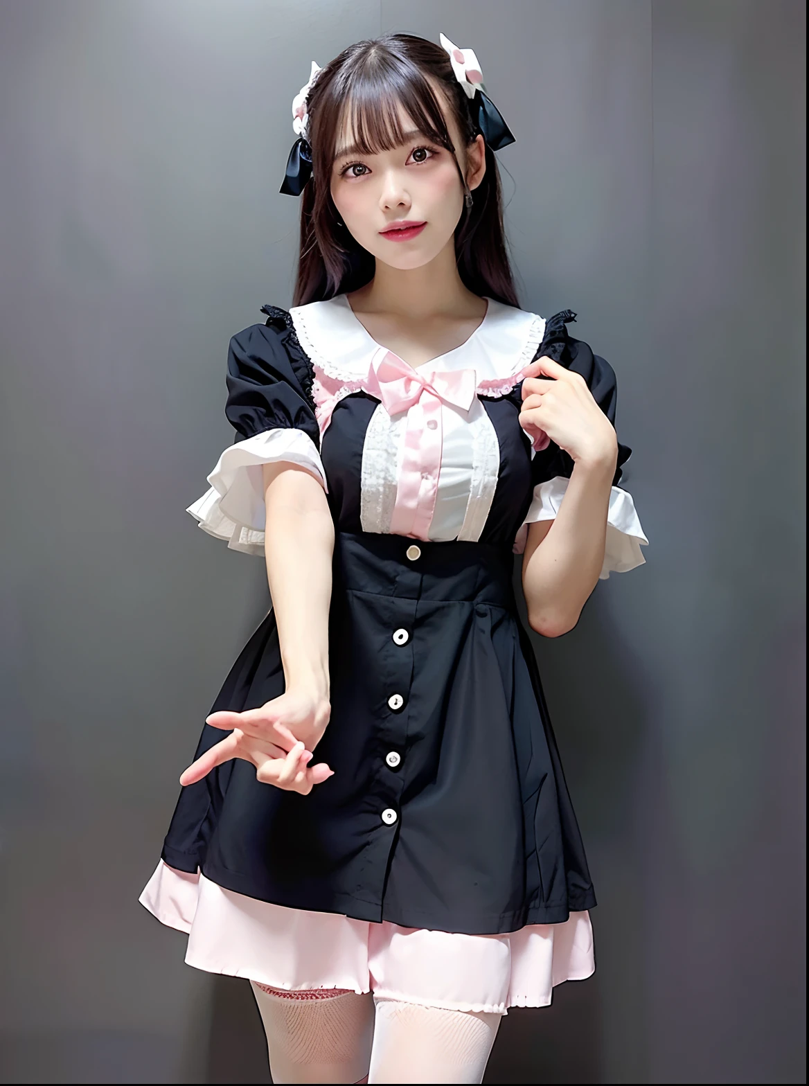 Close up portrait of woman in black and pink dress, maid clothes, gorgeous maid, maid dress, sakimichan, anime girls in maid costumes, wearing a maid outfit, Lolita style, JK Uniform, japanese maid cafe, Maid costume, Belle Delphine, cosplay of a catboy! maid! Dress, maid, shikamimi, high quality costume