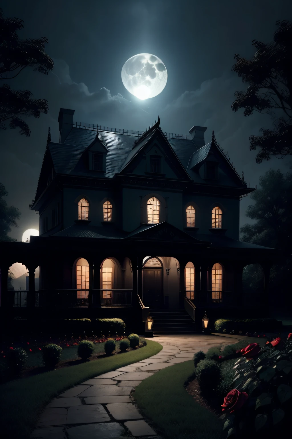 gloomy mansion full moon night with rose garden