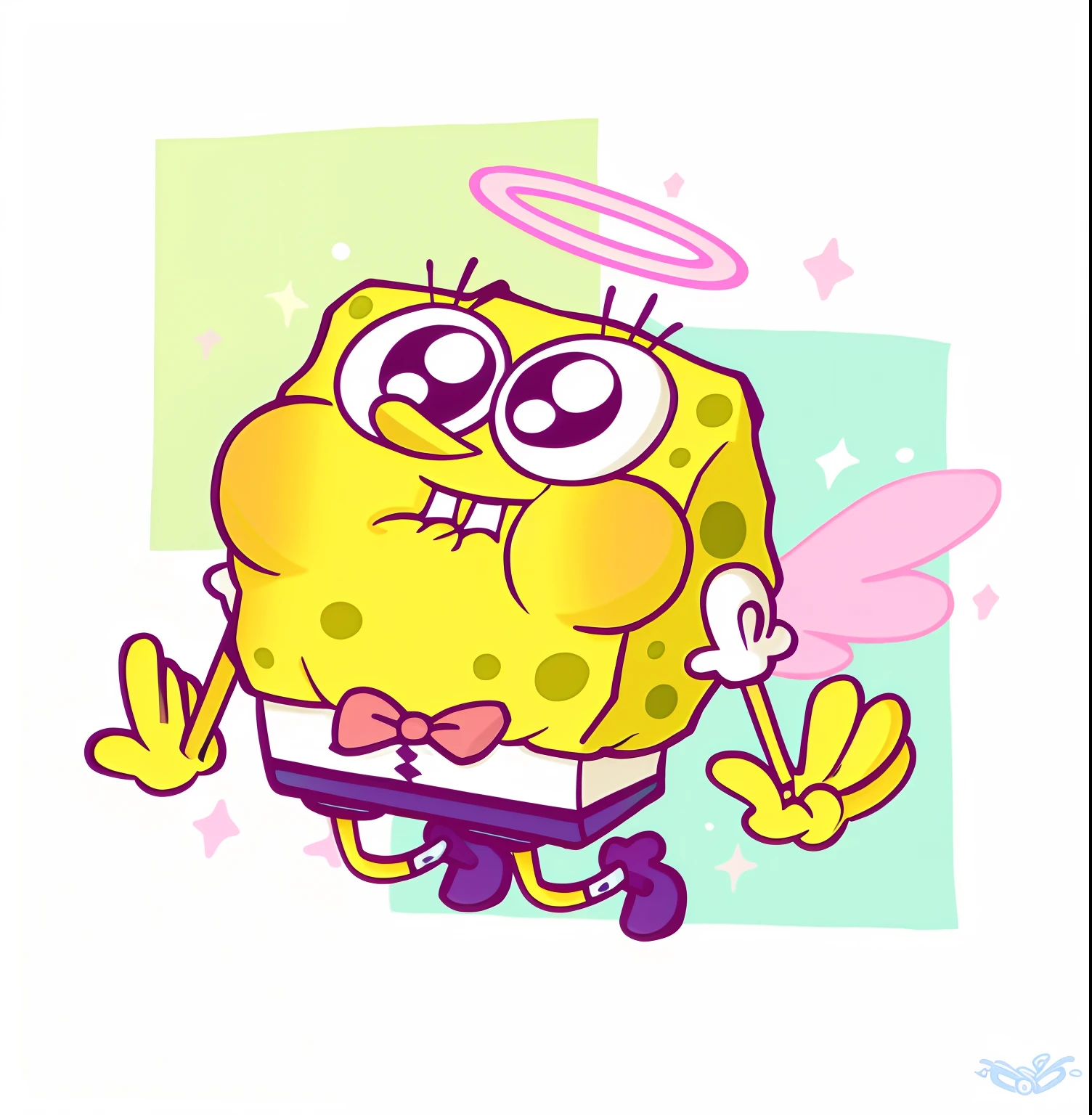 Cartoon SpongeBob SquarePants with angel halo and wings, spongy, sponge bob, SpongeBob, SpongeBob, spongebob circle pants, spongebob cthulhu nightmare, pikachu as jesus, patrick star, official fanart, patrick, Cute cartoon character, sponge, Cartoon Cute, High-quality fanart, Star, spongebob in real life, low res, sacred aura, holy halo, squid