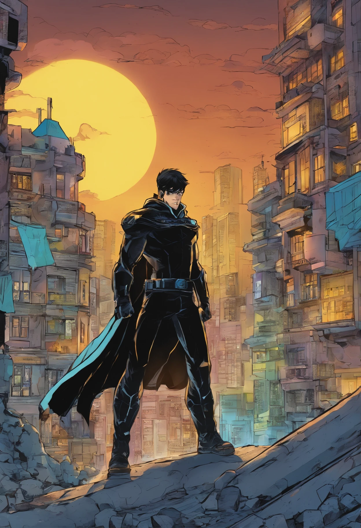 um adolescente de 15 anos com cabelos azuis e olhos negros, wears a black superhero outfit resembling a spy uniform with a tattered yellow cape, An aura of shadows appears behind him, He's with his back to a building and is watching a city in ruins, anime, Nova camada