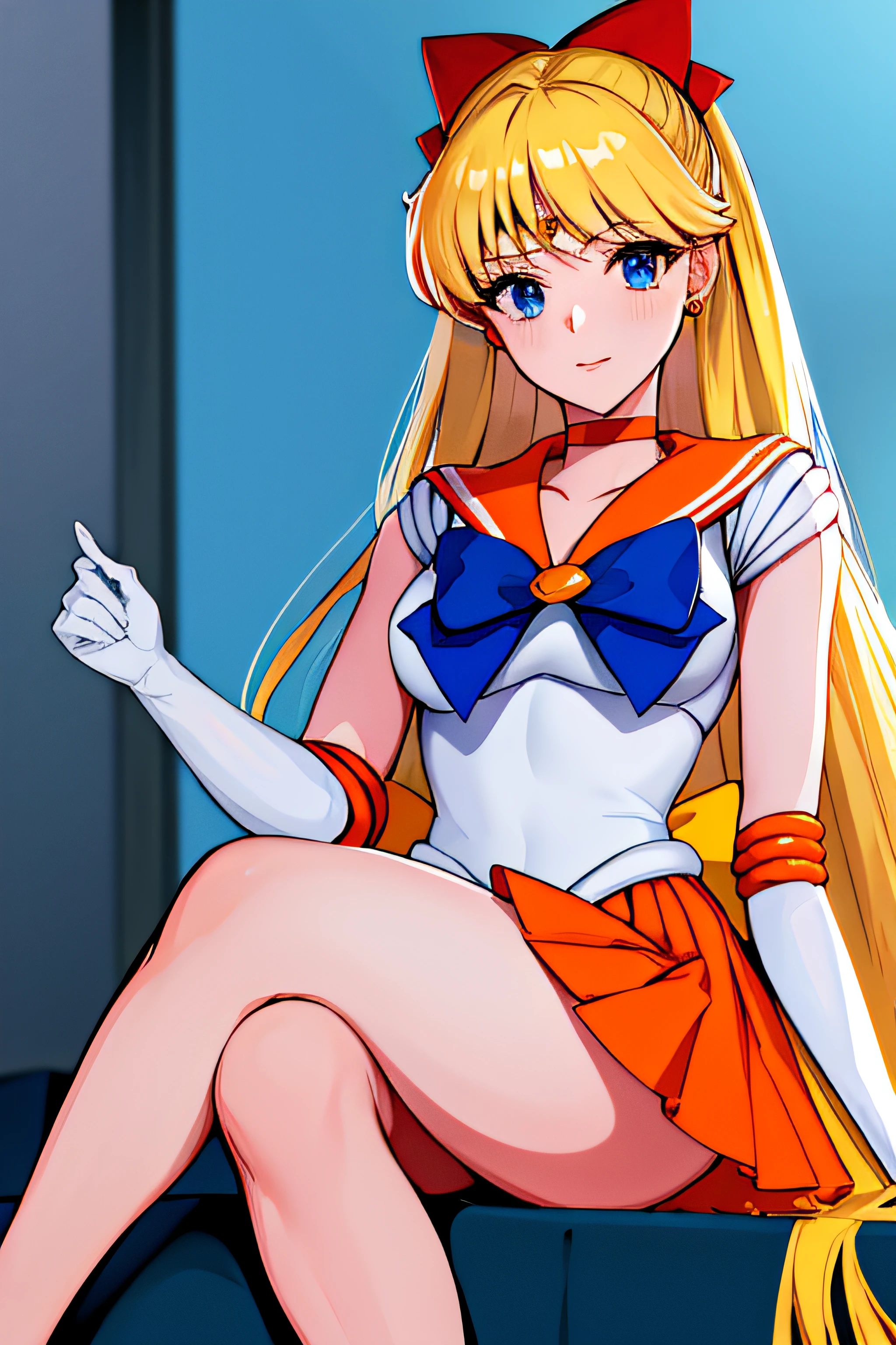 masterpiece, best quality, highres, venus1, 1girl, solo, sailor senshi uniform, sailor venus, aino minako, blonde hair, magical girl, blue eyes, orange skirt, elbow gloves, tiara, pleated skirt, hair bow, orange sailor collar, miniskirt, choker, red bow, orange choker, white gloves, very long hair,  jewelry,  earrings, sitting, crossed legs,