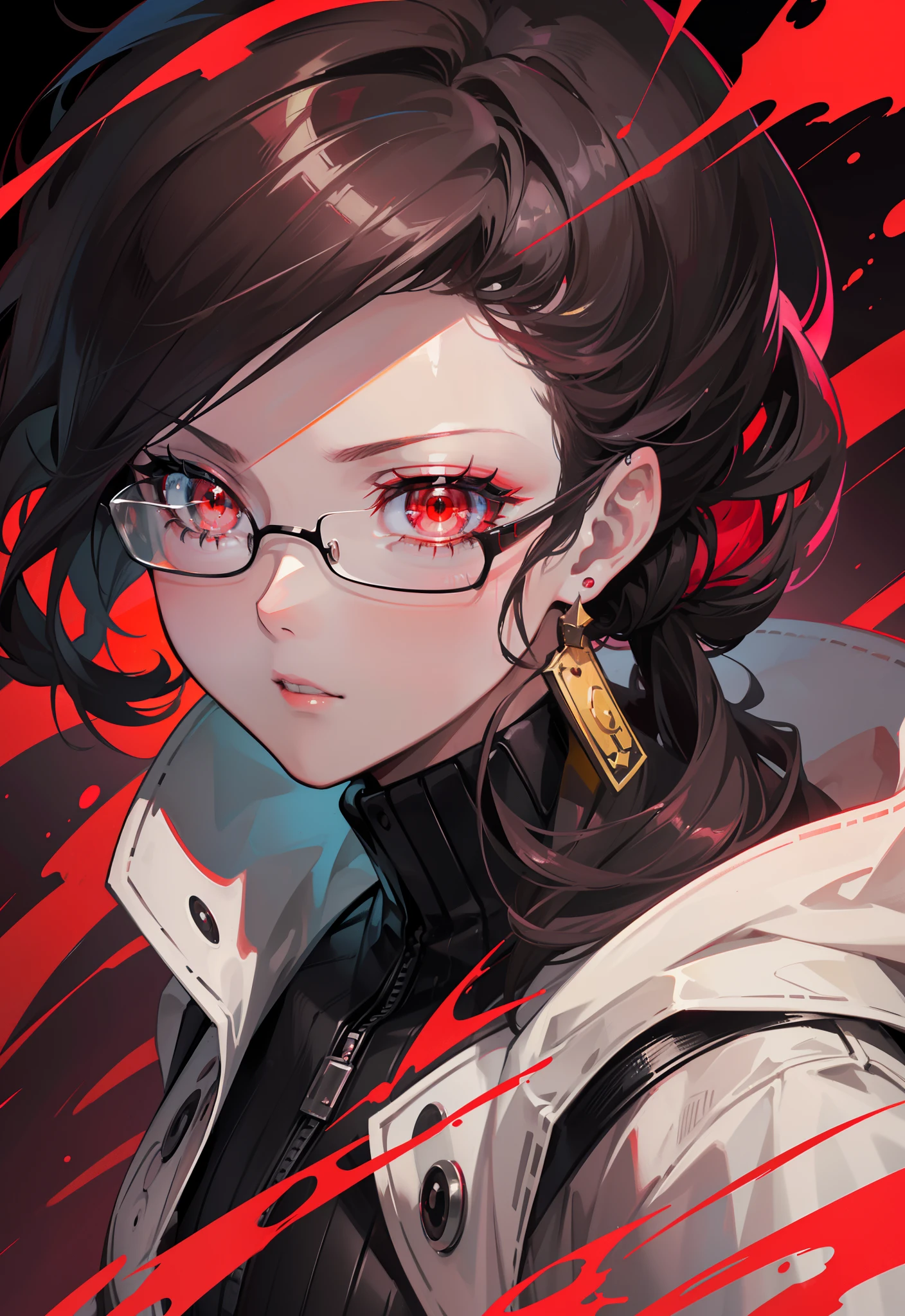 (extremely realistic), (clarification), (high-resolution), (8k), (A highly detailed), (Best illustration), (beautiful and delicate eyes), (Best Quality), (ultra - detailed), (巨作), ( Wallpaper),(Front image)anime, Red-eyed girl staring at the camera, with red glowing eyes, with glowing red eyes, glowing red eyes, glowing red eyes, glowing red eyes, badass anime 8 k, 4K anime style, anime moe art style, with glowing eyes, red eyes, Red - eyes, epic anime style, Persona 5 Art Style WLOP1boy, (Close-up of the face, 巨作, Best Quality:1.2), 8k, Yes, formal art,(Smokey Red Eyeshadow With Glitter, Shiny pink red lips:1.1), (Very dark background:1.4), hdr, face light, Ultra Realsisim Photos, high-resolution, photography, Filmgreen, Severe chromatic aberration, sharp focus, hdr, Face Light Source, Dynamic Lighting, Cinematic Lighting, Professional shades, Dark shade,Most detailed,Detailed Extreme,hyper-detail,minute detail,Real Knife,Great facial features,detailed face and eyes,Sharp pupils,A realistic student,Yellow skin(Brunette hair color:1.4)