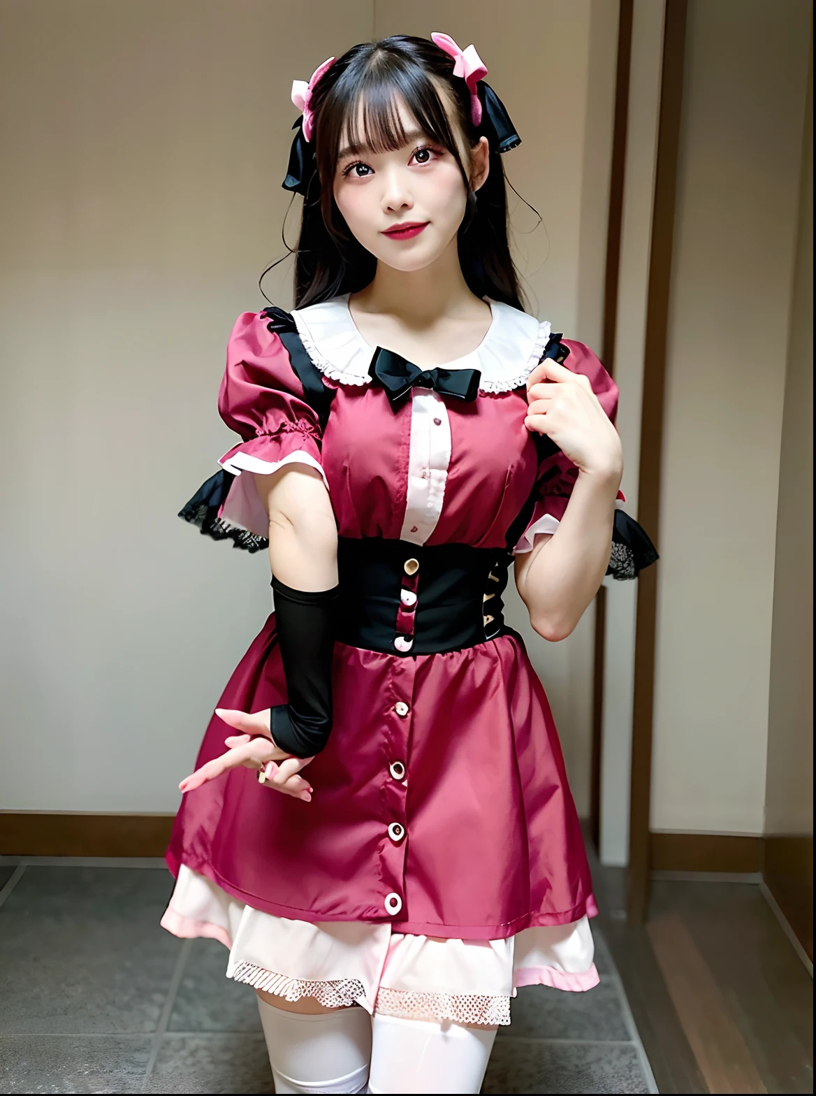 Close up portrait of woman in black and pink dress, maid clothes, gorgeous maid, maid dress, sakimichan, anime girls in maid costumes, wearing a maid outfit, Lolita style, JK Uniform, japanese maid cafe, Maid costume, Belle Delphine, cosplay of a catboy! maid! Dress, maid, shikamimi, high quality costume