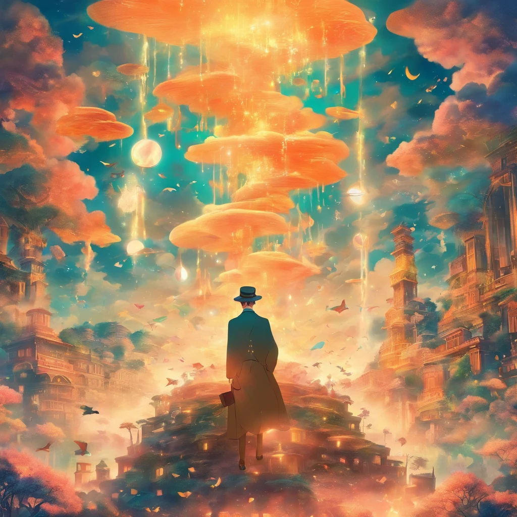 James Joyce, photograph in the style of Surrealism, featuring him in a dreamlike setting with unexpected elements and juxtapositions, evoking the surreal and imaginative nature of his writing