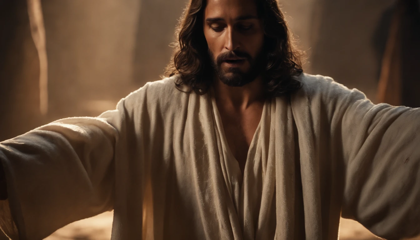 Jesus carregando sua cruz , his robes are torn, ele usa uma coroa de espinhos, Arte sacra