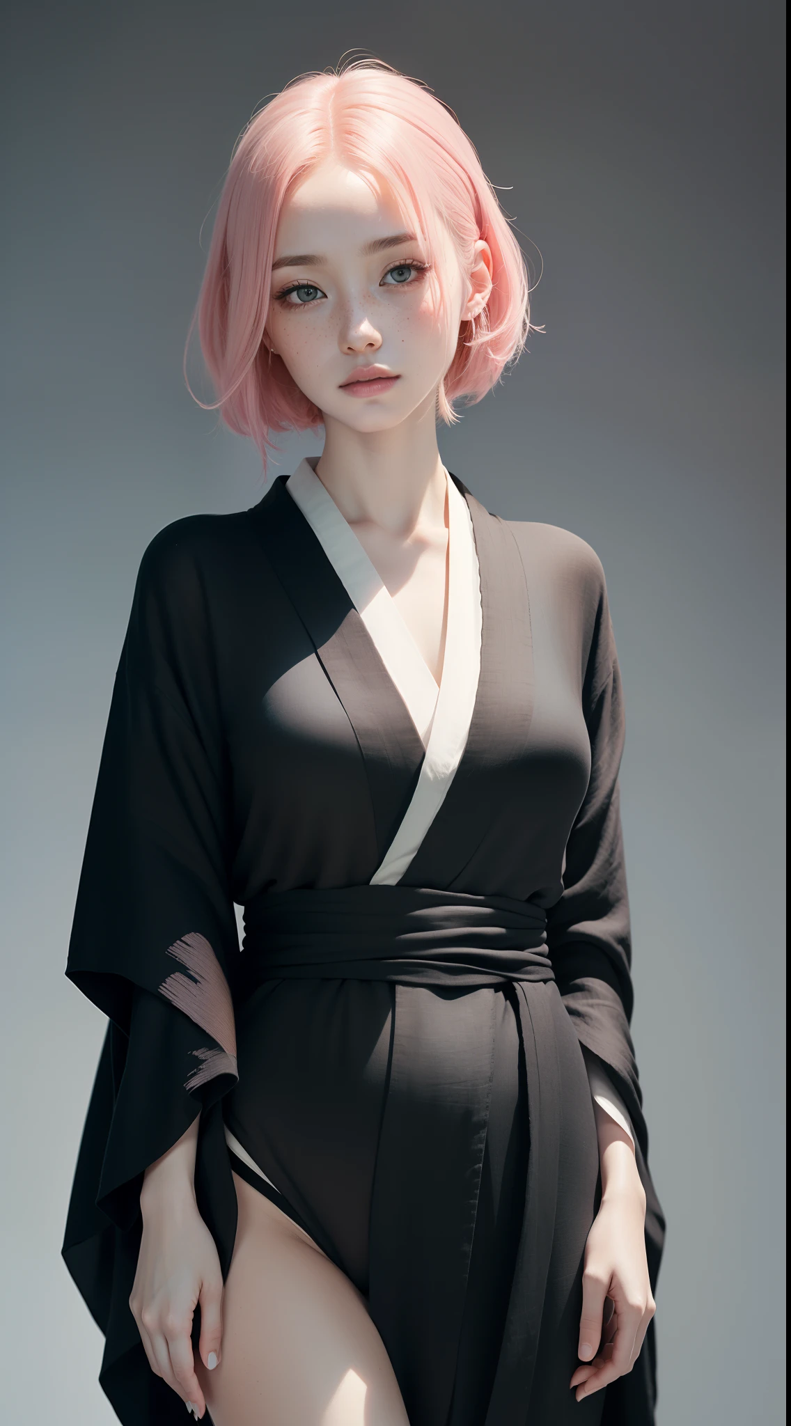 dynamic pose,1girl,pale skin,pink hair,delicate face,freckles,shy,(black linen kimono:1.3),arms folded,(wide thigh gap:1.3)(white background),(best quality:1.2,ultra-detailed,realistic:1.37),portrait,soft colors,polished lighting