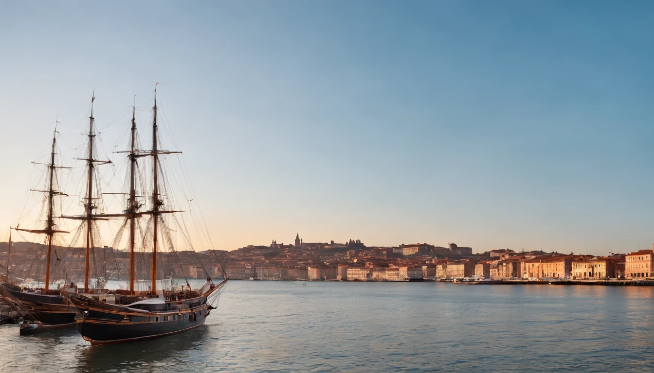 cinematic portrayal, cais de um porto, navios atracados, fim de tarde, clear sky