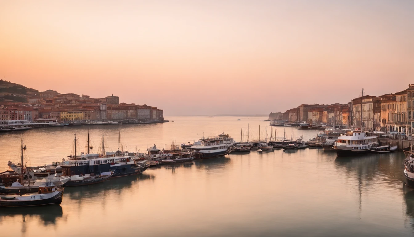 cinematic portrayal, cais de um porto, navios atracados, fim de tarde, clear sky