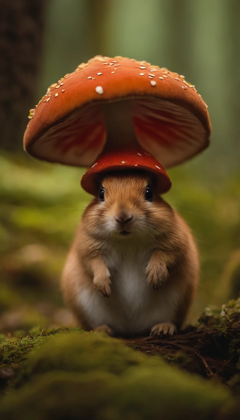 adorable creature，Semelhante a uma mistura de coelho e cenoura, 可爱, fofo, peludo, Felpudo, Floresta, Cogumelos, Wear a mushroom hat