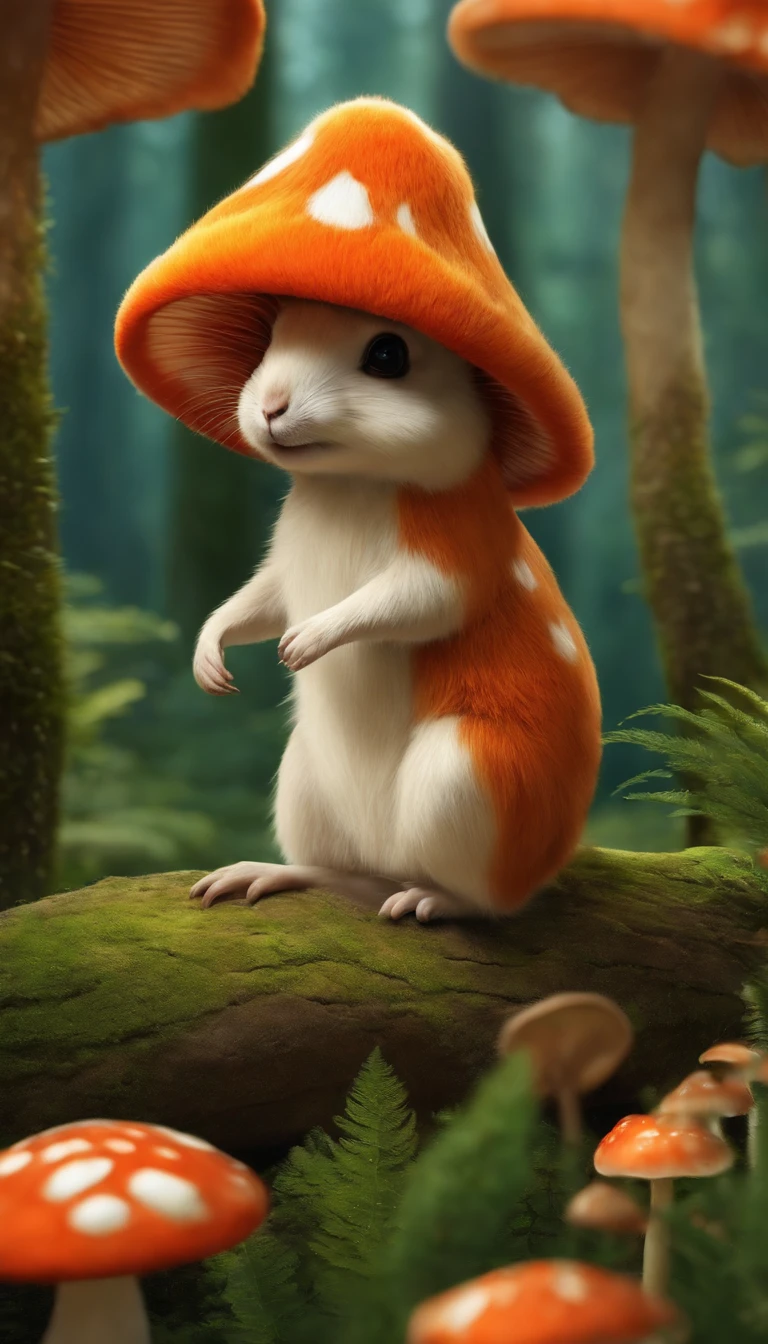 adorable creature，Semelhante a uma mistura de coelho e cenoura, 可爱, fofo, peludo, Felpudo, Floresta, Cogumelos, Wear a mushroom hat