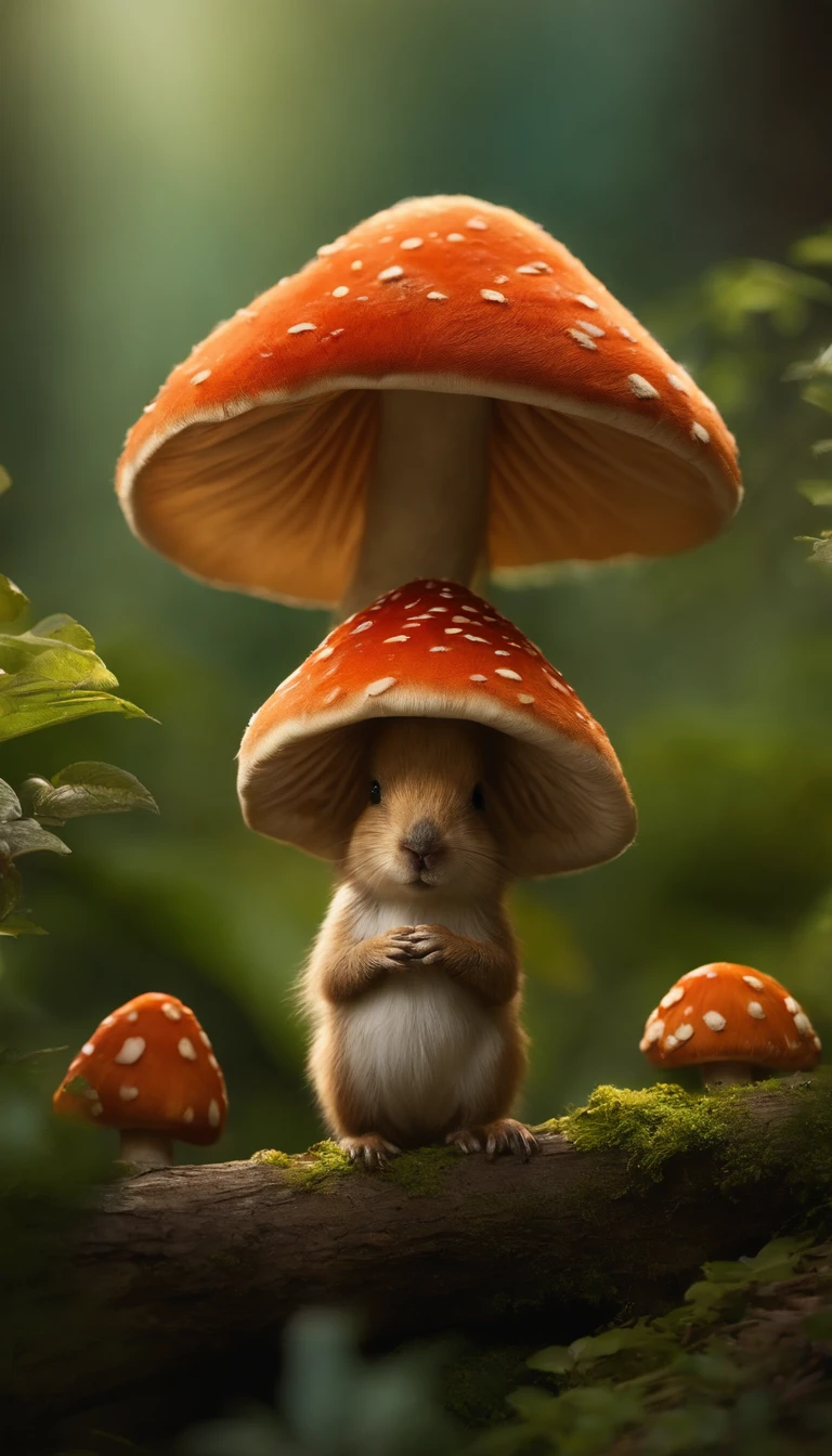 adorable creature，Semelhante a uma mistura de coelho e cenoura, 可爱, fofo, peludo, Felpudo, Floresta, Cogumelos, Wear a mushroom hat