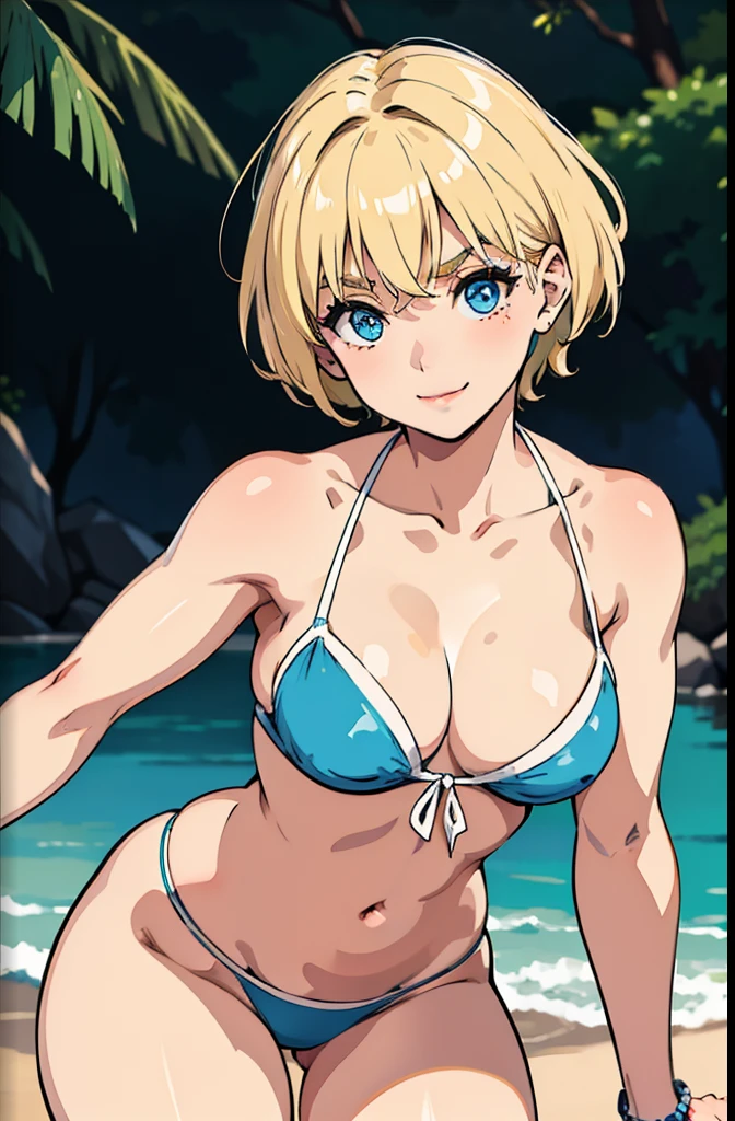 Masterpiece:1.2, best quality), realistic, (realistic, polished, depth of field), high detail, perfect face shape, perfect body, toned body, young woman, natural background bokeh, bikini, nsfw, Blonde hair, short hair,pixie haircut, thick eyebrows, dark eyebrows, blue eyes,big smile, white skin muscular, shoulders, toned, thick, thick thighs, small breasts, cute, sexy, 1girl, full body