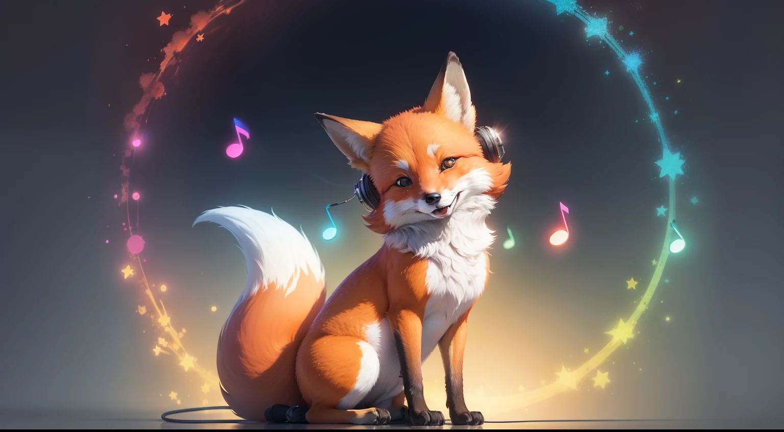 A colorful fox listening to music happily