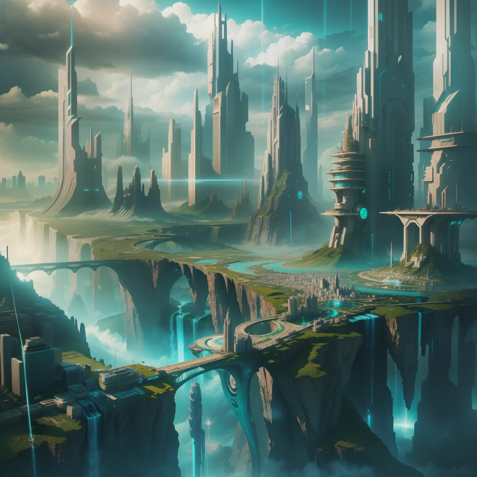 cyberpunked、futuristic cities、planet earth、A cyberpunk with skyscrapers that pierce through the clouds.SFart by、Utopian City、There is a super huge waterfall、Megacities、dream、top-quality、masterpiece、Beautiful cities of the future Super huge castle