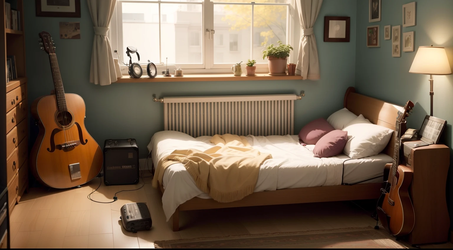 A room with musical instruments, a bed, a laying lady, sad, beer, headphones