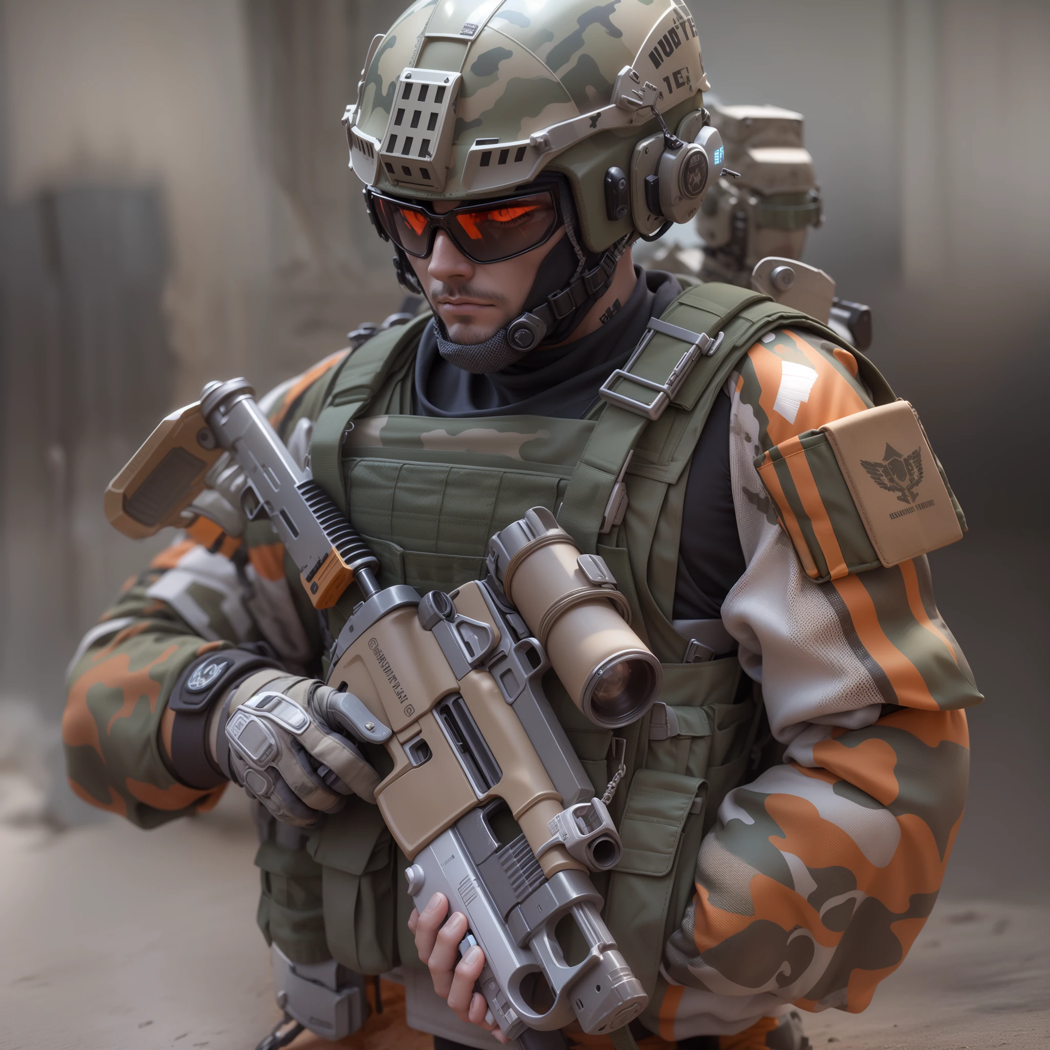 ((3D quality)),Futuristic male military commander，A fantastic one ((Square mesh desert camouflage helmet silver light)) and a pair of mechanical feet,( Red five-star armband：1.6),Use a pair ((Desert camouflage gloves)), no shoe, garbed in ((Desert camouflage combat uniform)), Stand in Cyberpunk City, holding gun, holding gun, rifle, hand gun, assault rifle, Wear EP tactics, Tactical Dagger,sface focus, hyper HD, anatomically correcte, Best quality, Full body panel