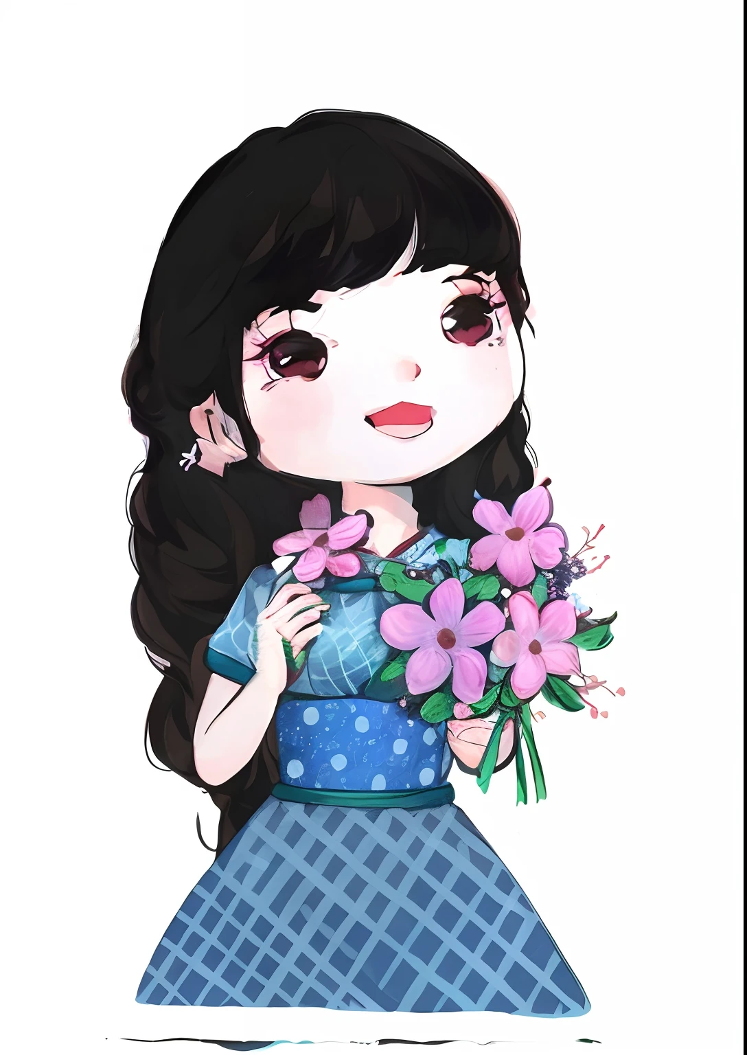 Cartoon girl with flowers in hand and a teddy bear, flores em seus cabelos escuros, com flores, menina com um rosto de flor, retrato feminino com flores, bela arte digital, menina com cabelo preto, senhora com vestido de flores brilhantes, vestido com um vestido de flor, inspirado em Kim Du-ryang, cute illustration, in illustration style digital, Arte tradicional